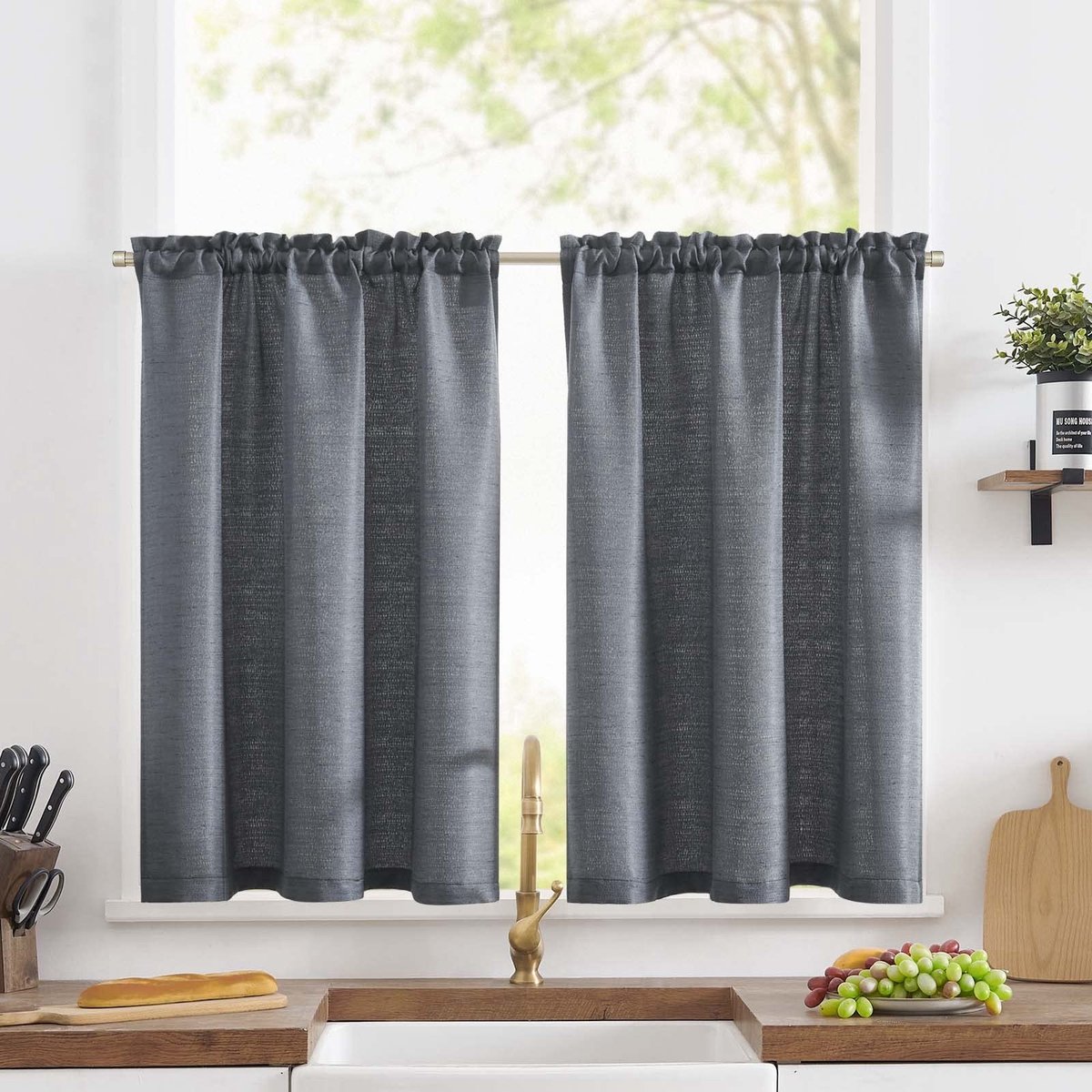 Omgoods - Set van 2 Korte Keukengordijnen 60x90cm - Grijze Linnen Look Gordijnen voor Landhuisstijl