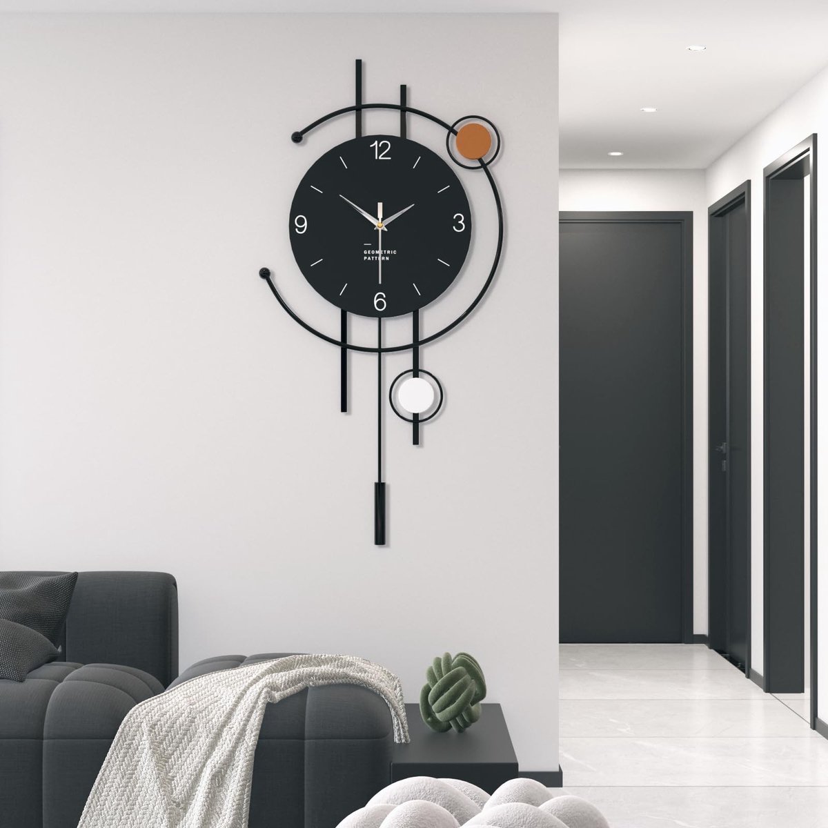 Omgoods - Moderne Minimalistische Wandklok - Stille Decoratieve Klok van Zwart Metaal en Hout voor Woonkamer, Slaapkamer, Kantoor, Keuken (L)