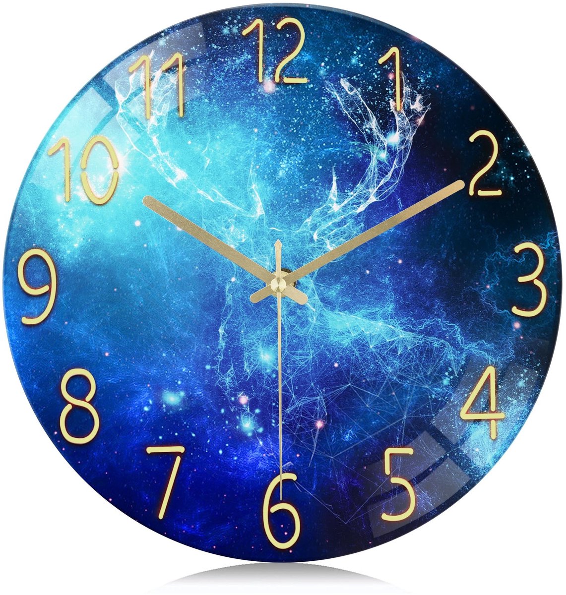 Omgoods - Glas Blauw Melkweg Wandklok 30cm - Stille Decoratieve Klok met Hertpatroon