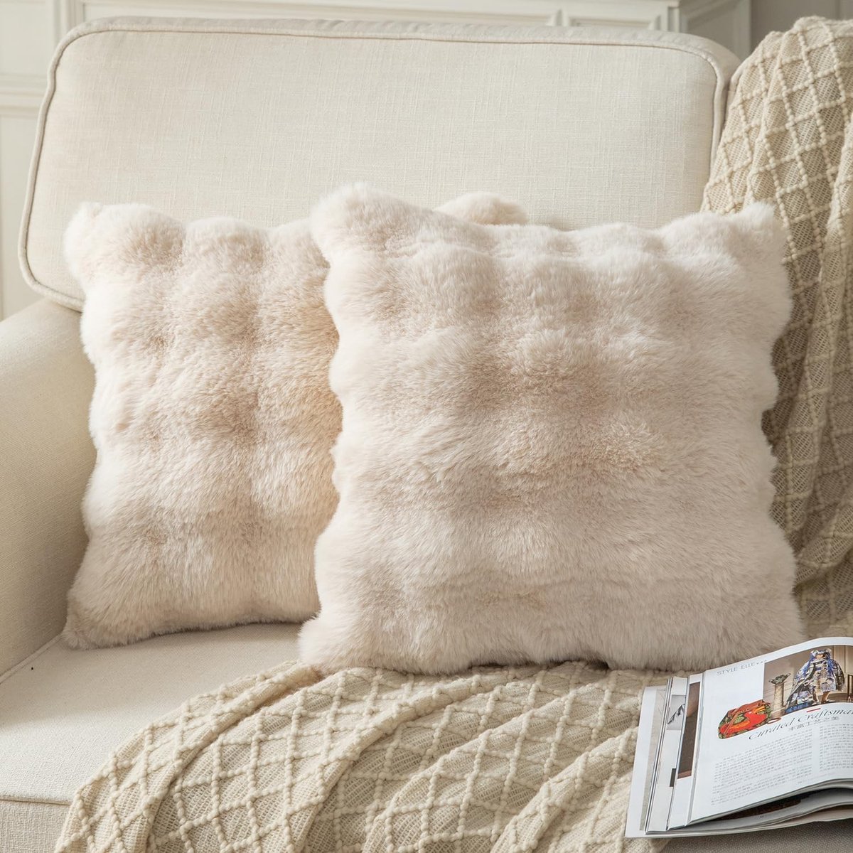 Omgoods - Set van 2 Beige Kussenslopen van Dikke Wol 65 x 65 cm