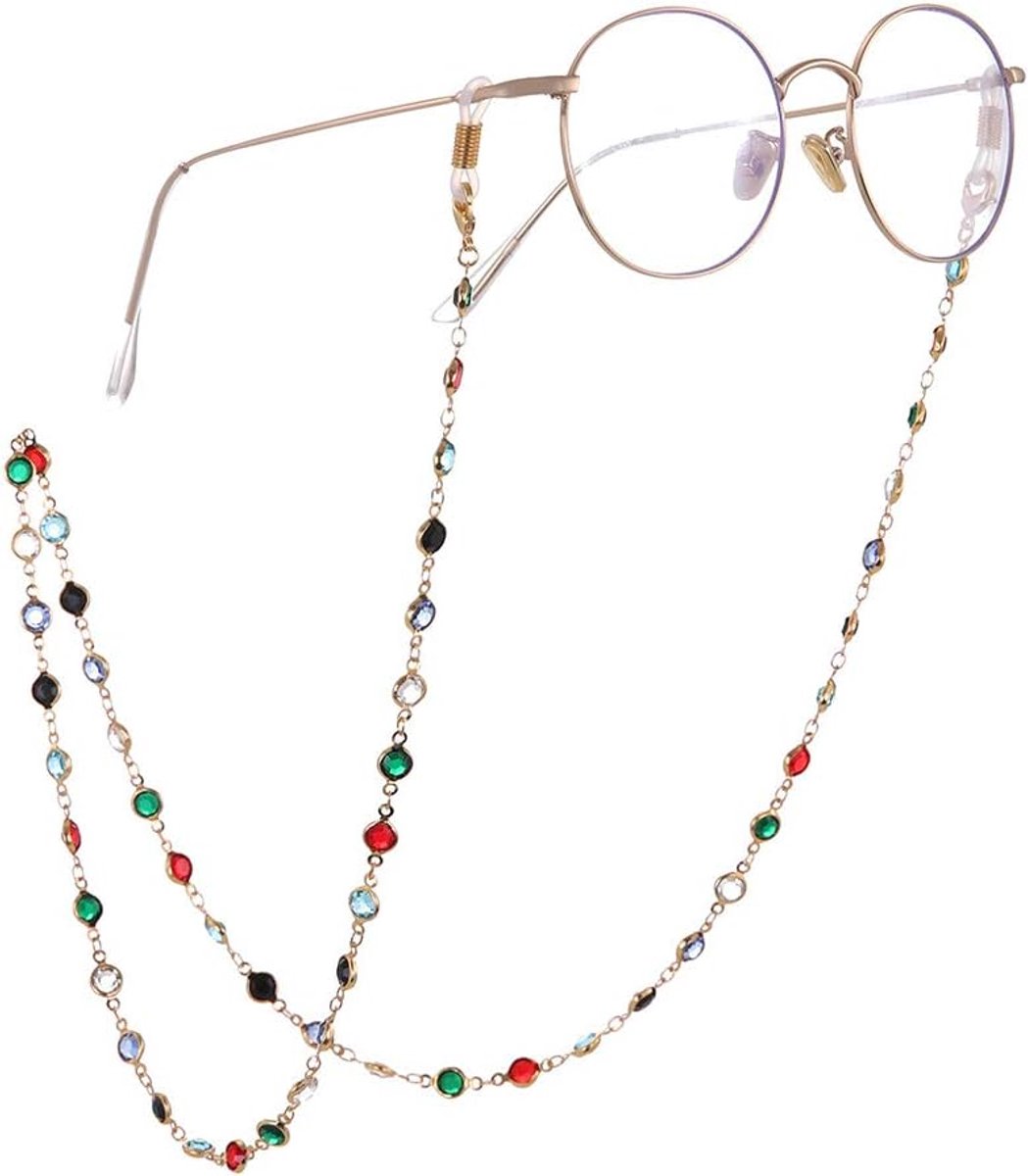 Mode Kleurrijke Lenzenvloeistof Ketting Zonnebril Strap Brilhouder Crystal Statement Kralen Lezen Bohemian Glas Band voor Vrouwen Meisjes (Rose Goud met Zwart Rubber)