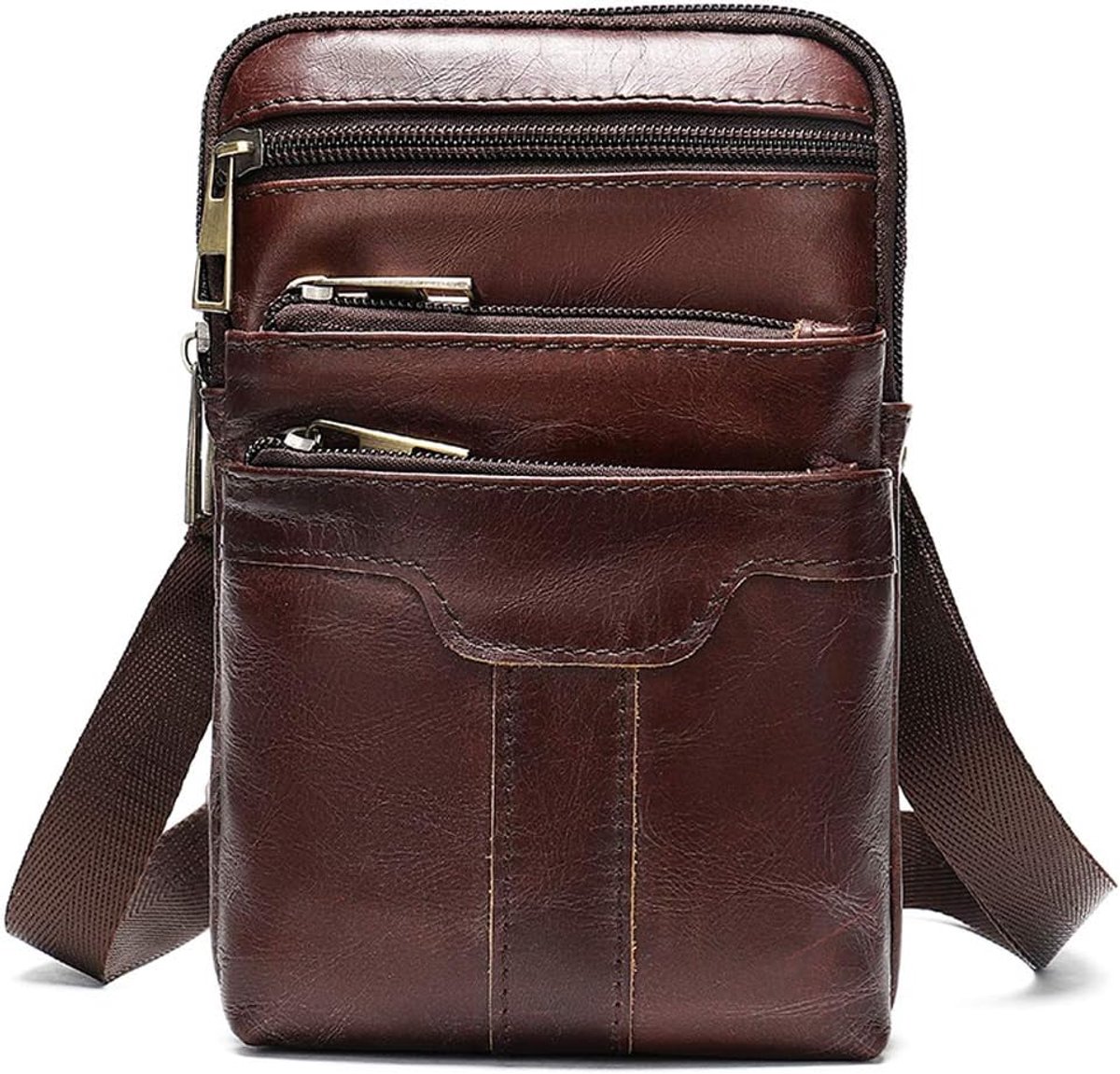 Schoudertas voor heren, klein, voor mobiele telefoon, riemtas, PU-leer, multifunctionele lederen holster, onderarmtas, schoudertas, mobiele telefoon, riemtas, heuptas met clip, reistas, koffiekleurig