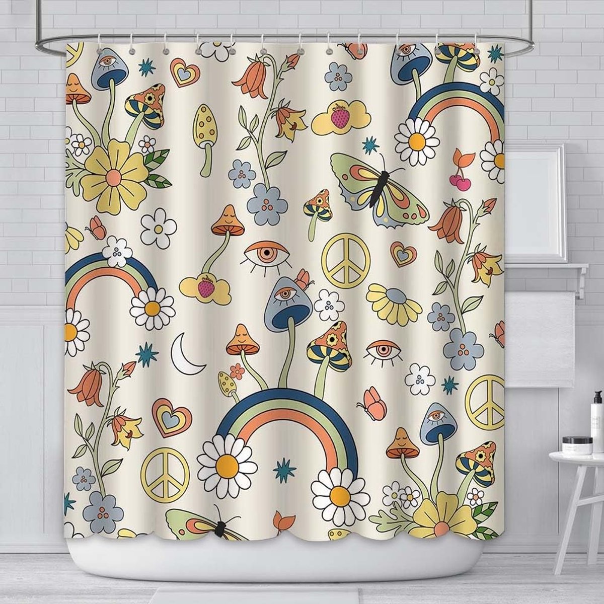 Omgoods - Retro Paddenstoel Douchegordijn 183x183 cm met Boho Bloemen