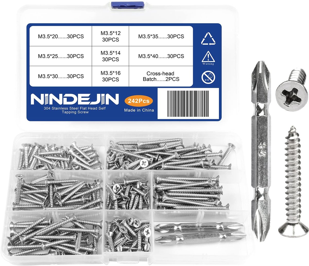 Omgoods - 242 Stuks 304 Roestvrij Stalen Platte Hoofd Schroeven - M3.5 Schroeven Kit met Phillips Bit