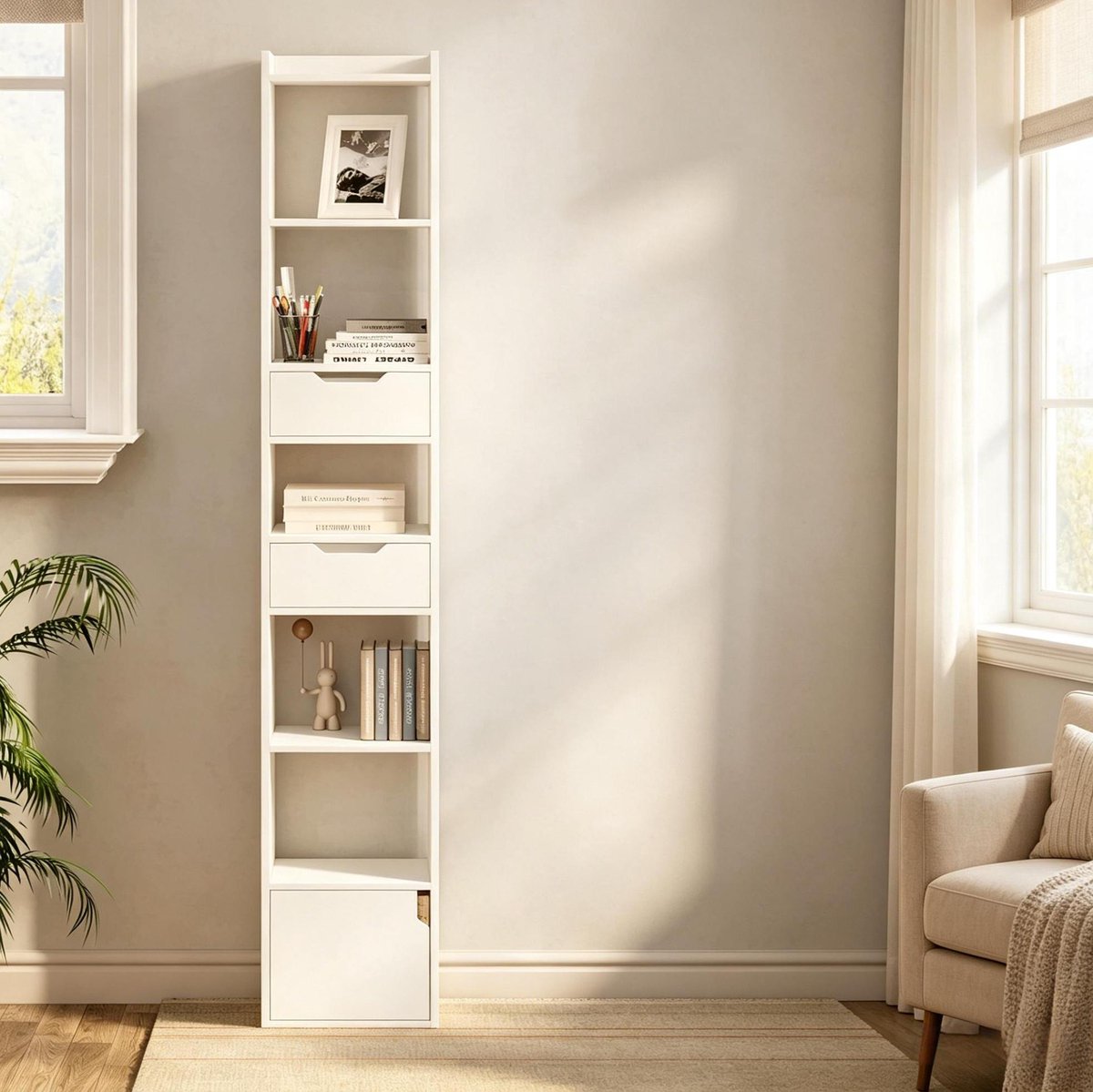COVREO Boekenkast 33 x 181 x 24 cm wit, hout met 2 lades en opbergruimte