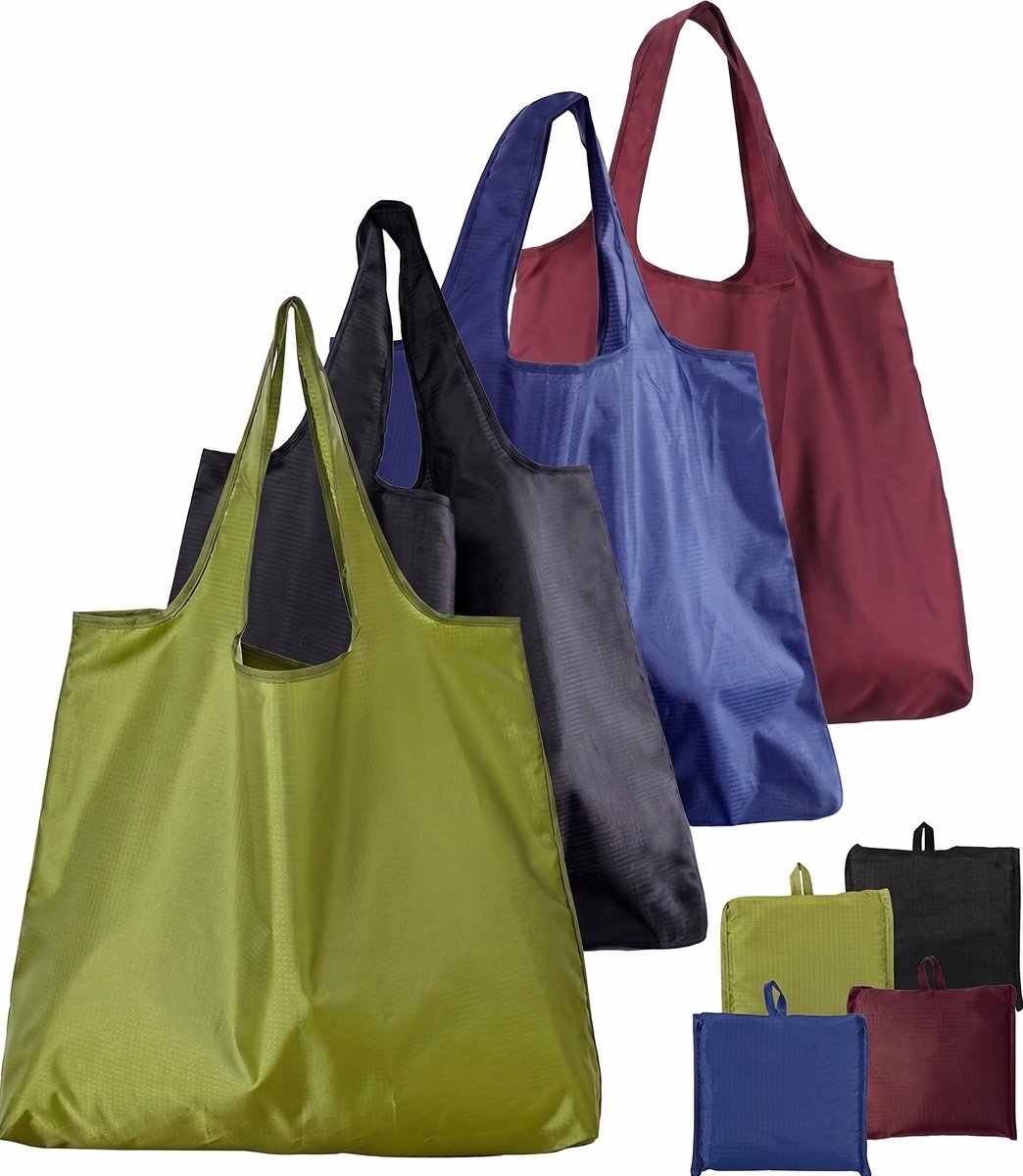 Opvouwbare Boodschappentassen - Set van 4 - 64 x 52 cm - Big Shoppers - met Geïntegreerd Binnenzakje - voor Supermarkt, Camping & Reizen - Max. 20kg Draagvermogen - Zwart, Groen, Wijnrood & Donkerblauw