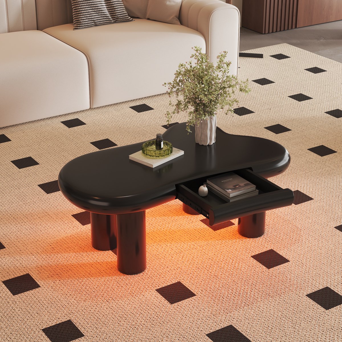 Wolkvormige salontafel - met 16-kleurige LED-verlichting en lade - moderne woonkamer salontafel met opbergfunctie - zwart