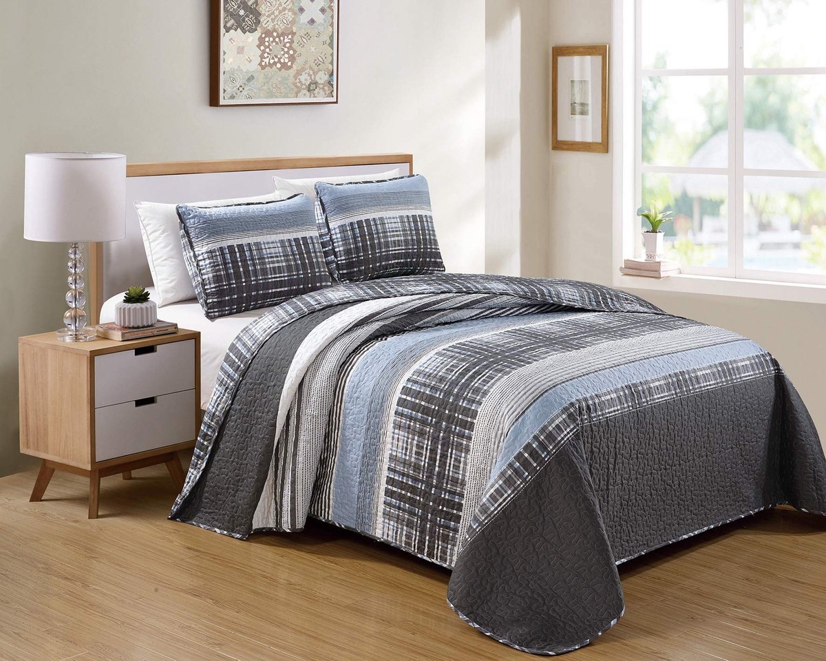 Omgoods - Luxe 3-delige King Size Gewatteerde Omkeerbare Bedsprei Set - Modern Plaid Blauw Grijs Wit