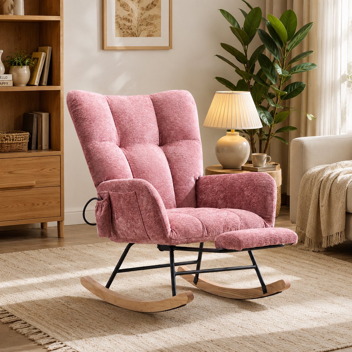 Schommelstoel - Fauteuil - Voedingsstoel - Comfortabele Relaxstoel - Leesstoel - Met voetenbank - Met een hoge rugleuning - Chenillestof - Geschikt voor woonkamer, slaapkamer en kantoor - Roze