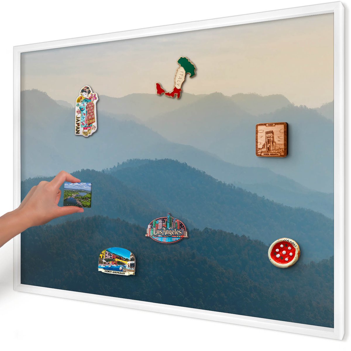 Artprintcave Groente Magneetbord mit Witte Lijst - 100x70 cm - Uitzicht Op De Bergen Magnetische Organizer - Fotografisch Magneet Bord mit Frame - Landschappen