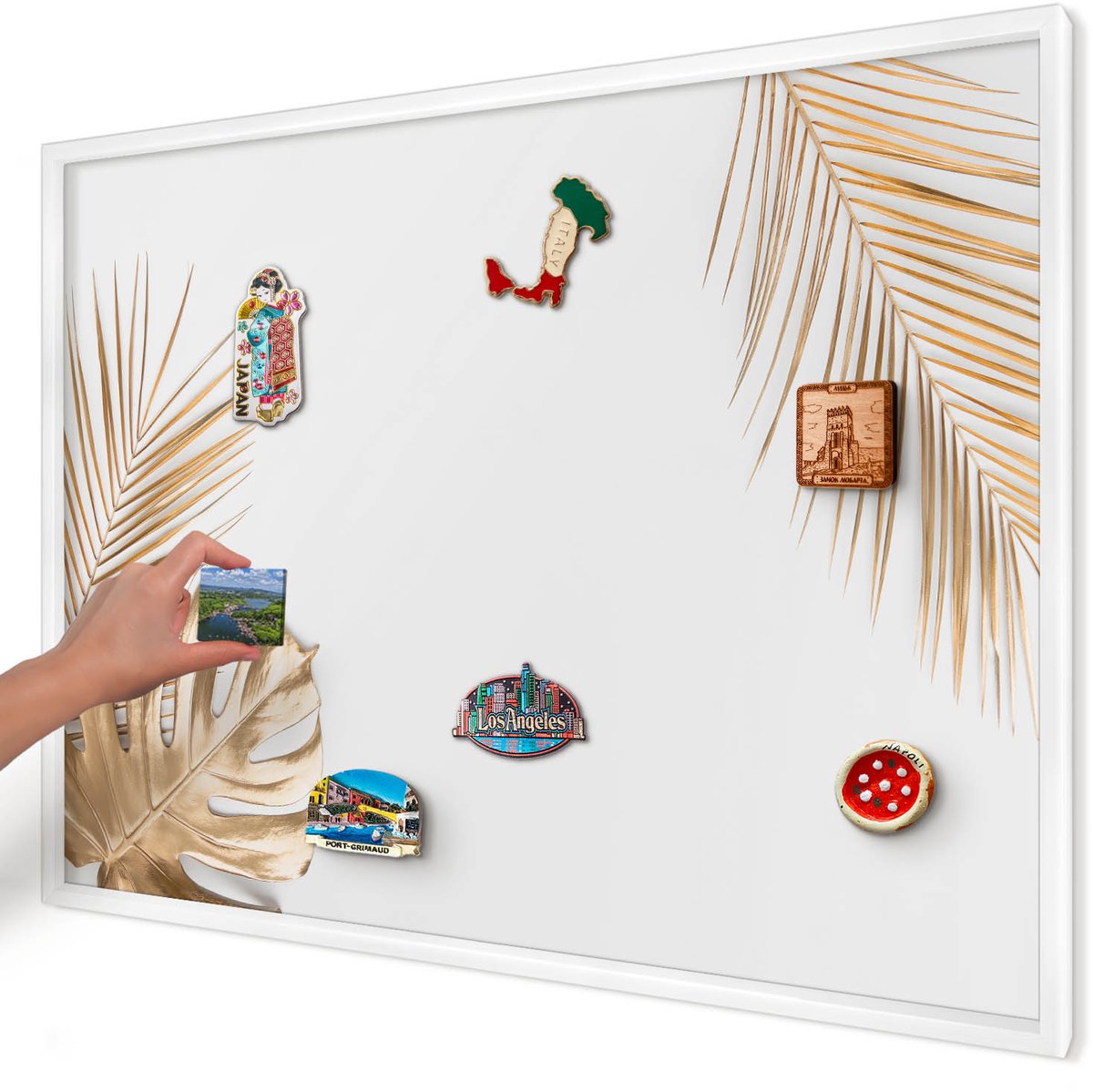 Artprintcave Wit Magneetbord mit Witte Lijst - 100x70 cm - Elegante Bladeren Bord Voor Magneten - Minimalist Magnetische Organizer - Bloemen En Planten