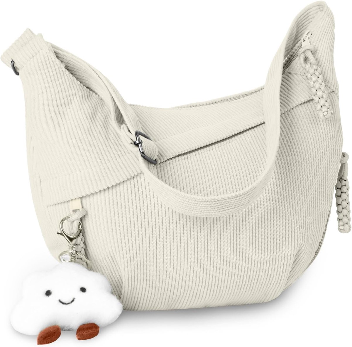 SnelShoppen - Grote Schoudertas Dames, Hobo-Tas met Verstelbare Riem, Corduroy Handtas met Wolkenhanger, Beige, 35x7x22cm voor Winkel, School en Vrije