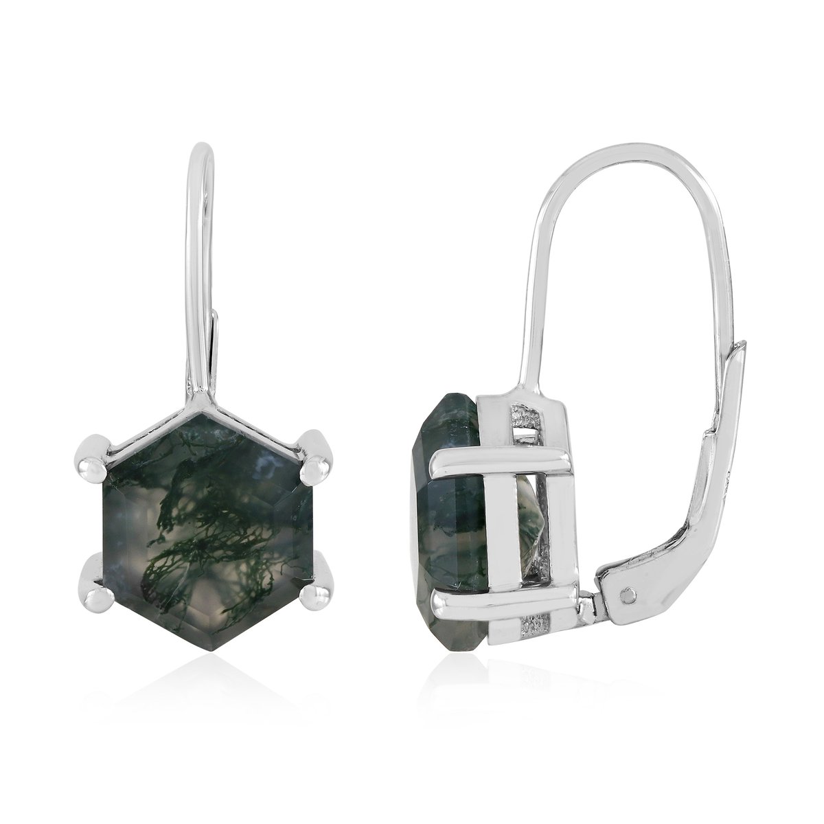 Cavill - 925 Sterling Zilver Gerhodineerde Oorbellen - Moosagaat 6,434 ct - Braziliaanse Groene Natuursteen - Zeshoekig - Modern Elegant