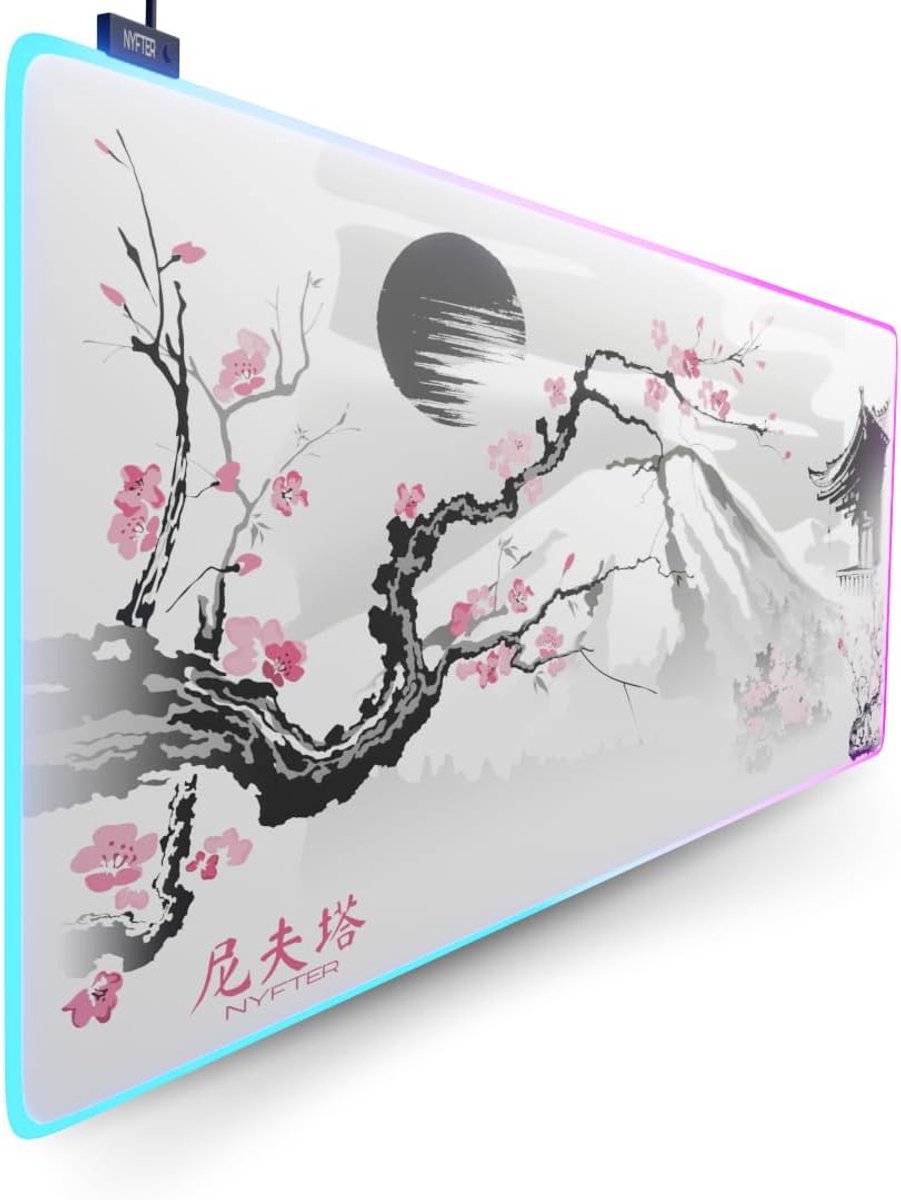 SnelShoppen - XXL Gaming Muismat Sakura Wit 900 x 500 mm Premium Fuji Muismat Groot Gestikte Randen Duurzaam met Hoge Glij en Antislip Gaming Muismat