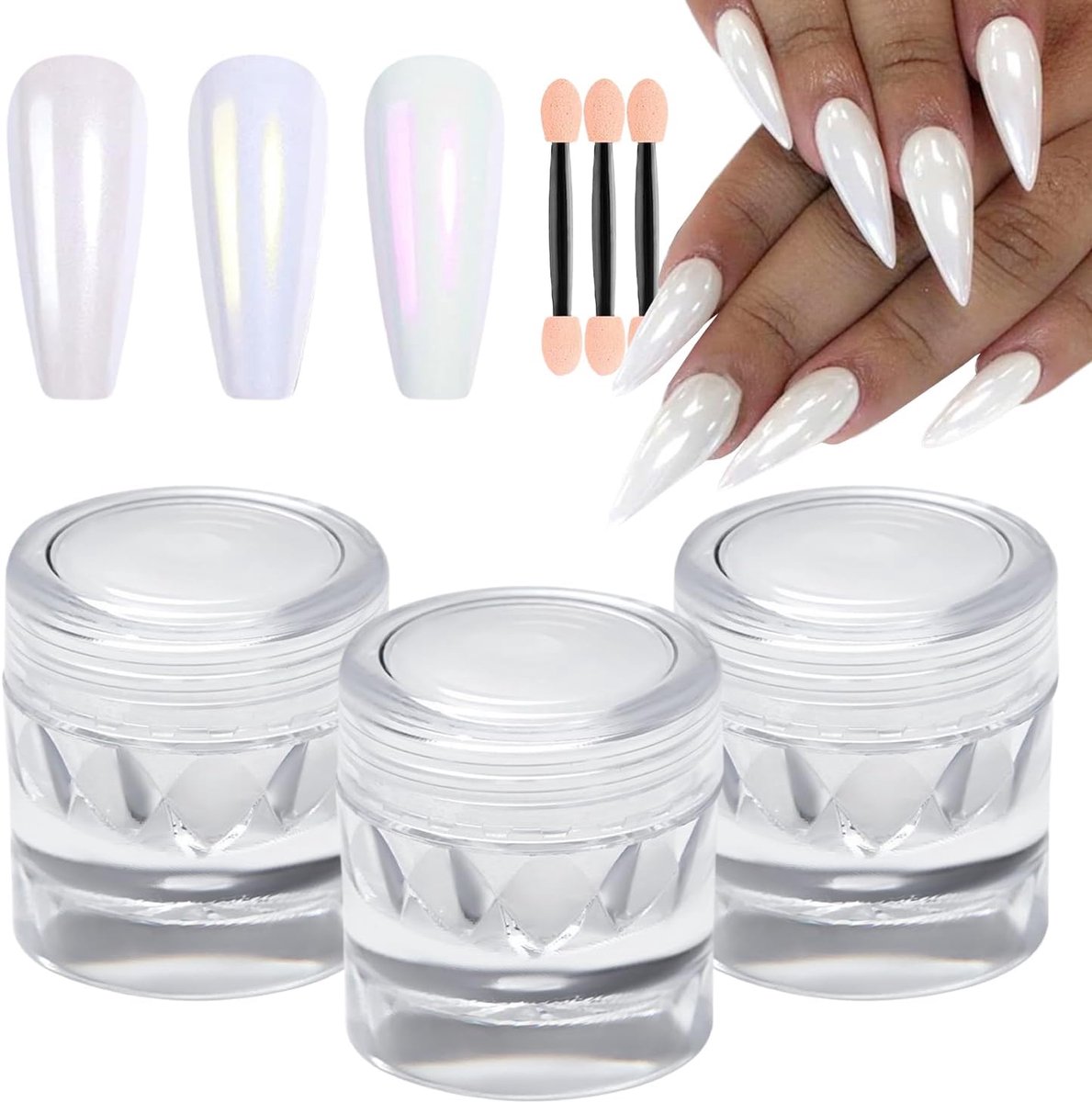 SnelShoppen - Chrome Nagelpoeder Set - Wit Parel, 3 Kleuren Iriserend Aurora, Metallic Spiegel Effect, Ultra Fijn, Manicure voor Feest en Dagelijks Ge