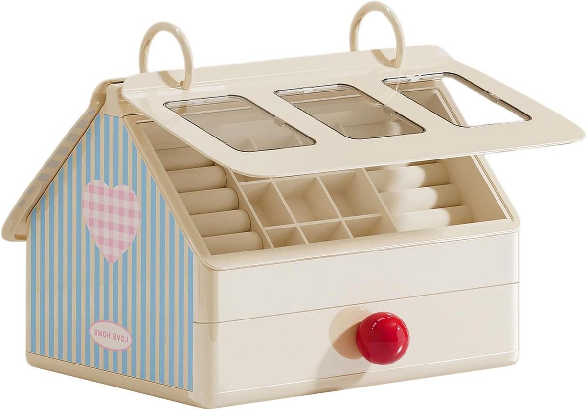 Sieradenkistje Huisvorm - Juwelendoosje Organizer - Sieraden Opbergen - Fluwelen Voering - 19.8D x 19.5W x 19.8H cm - Wit