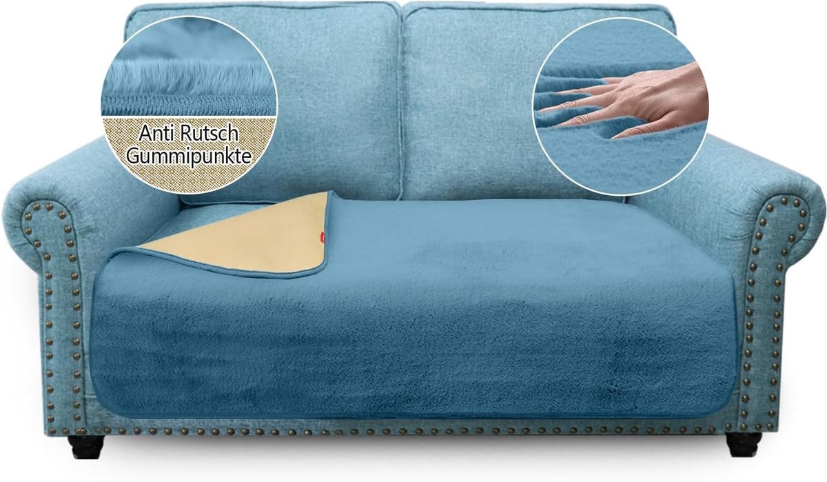 Luxueuze Dikke Sofa Covers, Stijlvol Pluche 750gsm voor 2-Zits Bank, Antislip Kussens voor Huisdieren en Honden, Azure Kleur