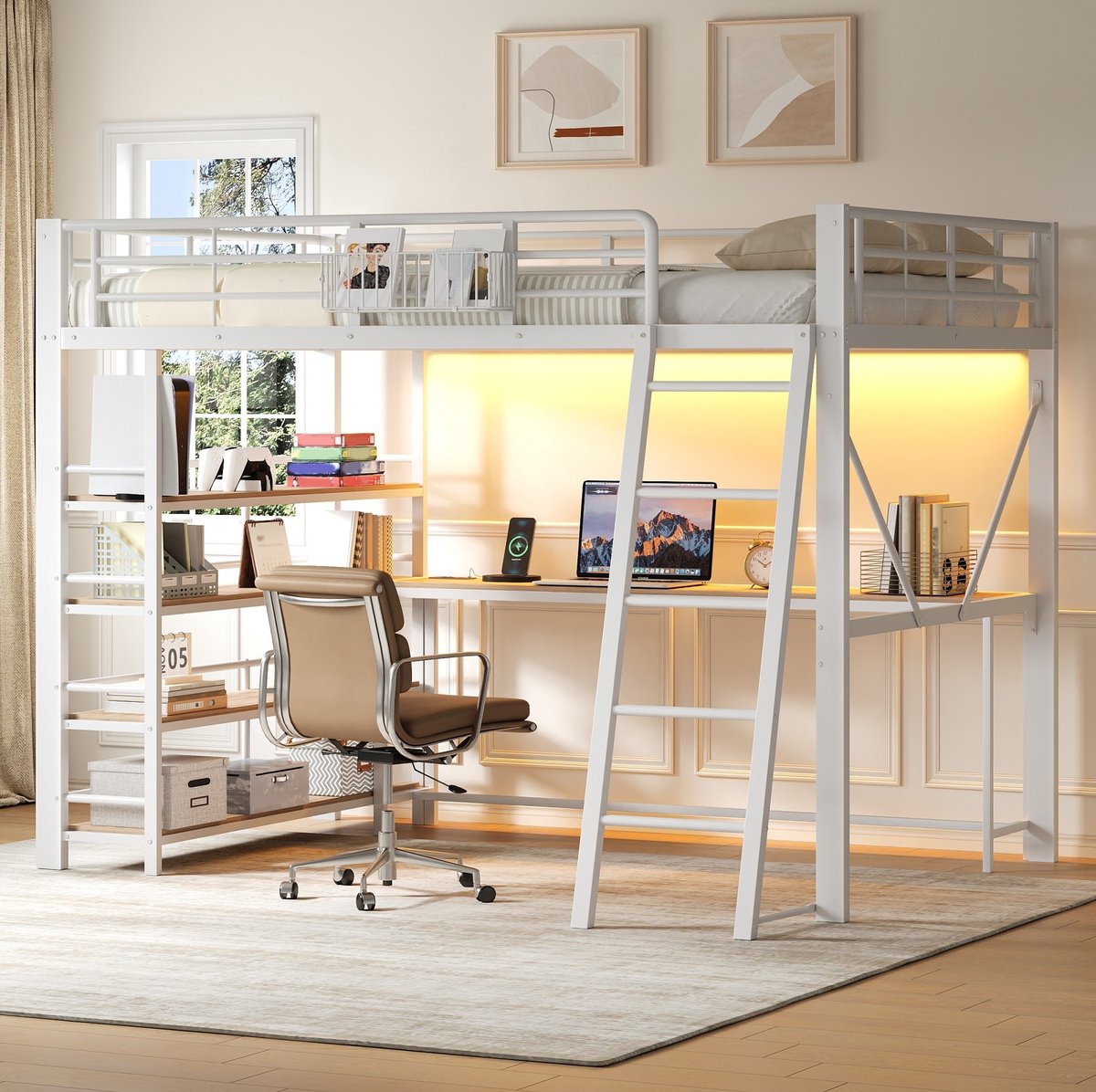 FloraGrace Hoogslaper 140x200 cm - Met Bureau en Opbergruimte - LED Verlichting en Oplaadpunt - Metaal - Wit - Zonder Matras