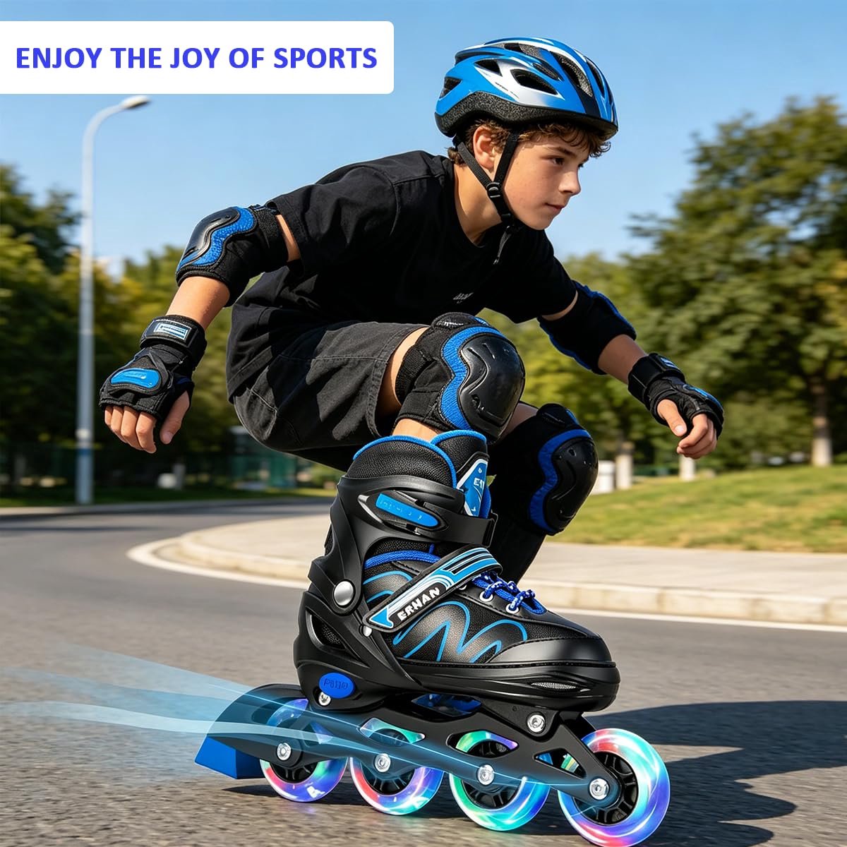 SnelShoppen - Verstelbare Inline Skates voor Kinderen, Light Up Rolbladen voor Jongens en Meisjes, Geschikt voor Beginners, L, Blauw