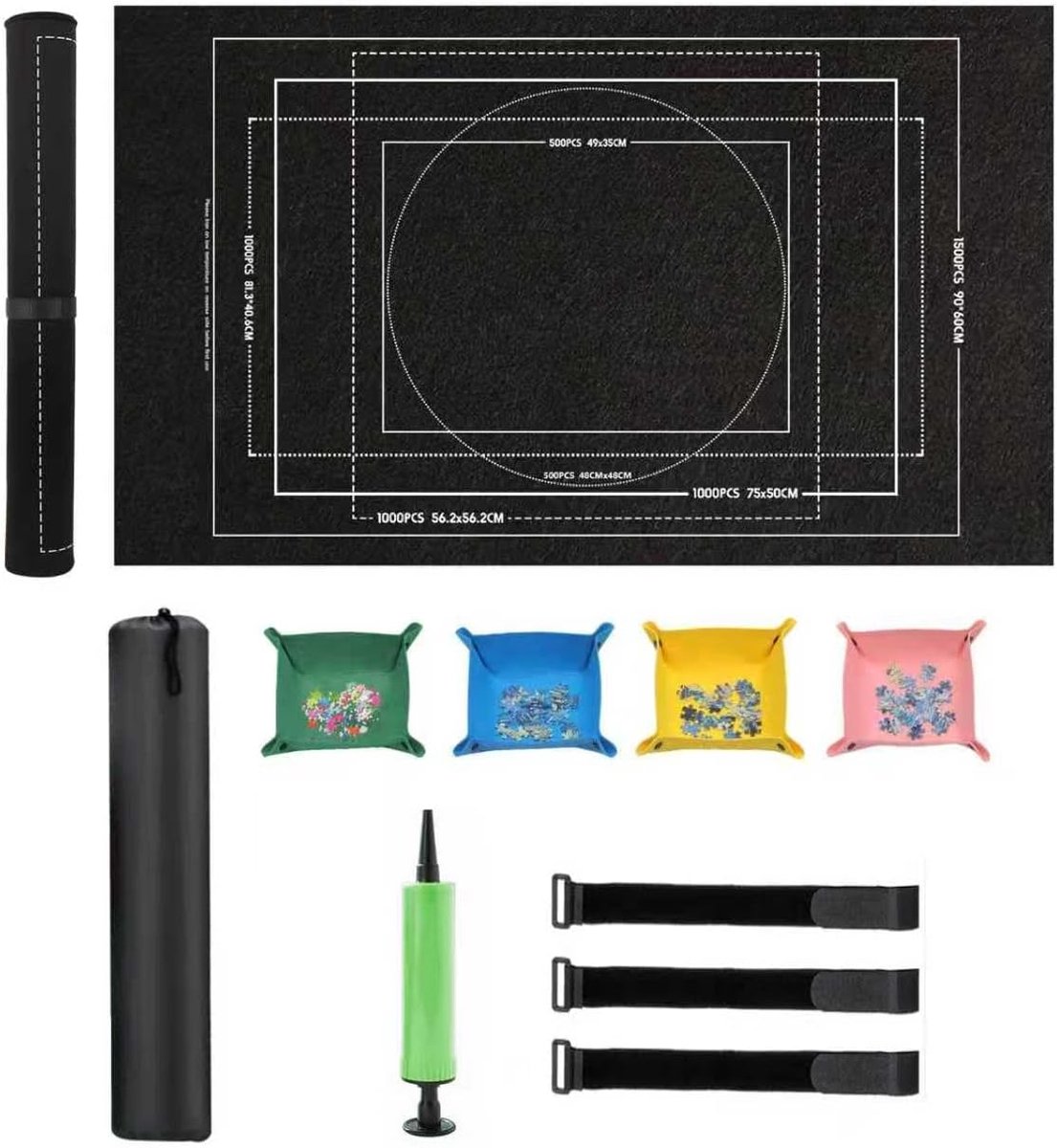SnelShoppen - Puzzle Mat tot 1500 Stukken, Rolmat met Oprolfunctie, Antislip Puzzelkleed, Draagbare Puzzelmat met 4 Sorteerschalen, Praktische Puzzela