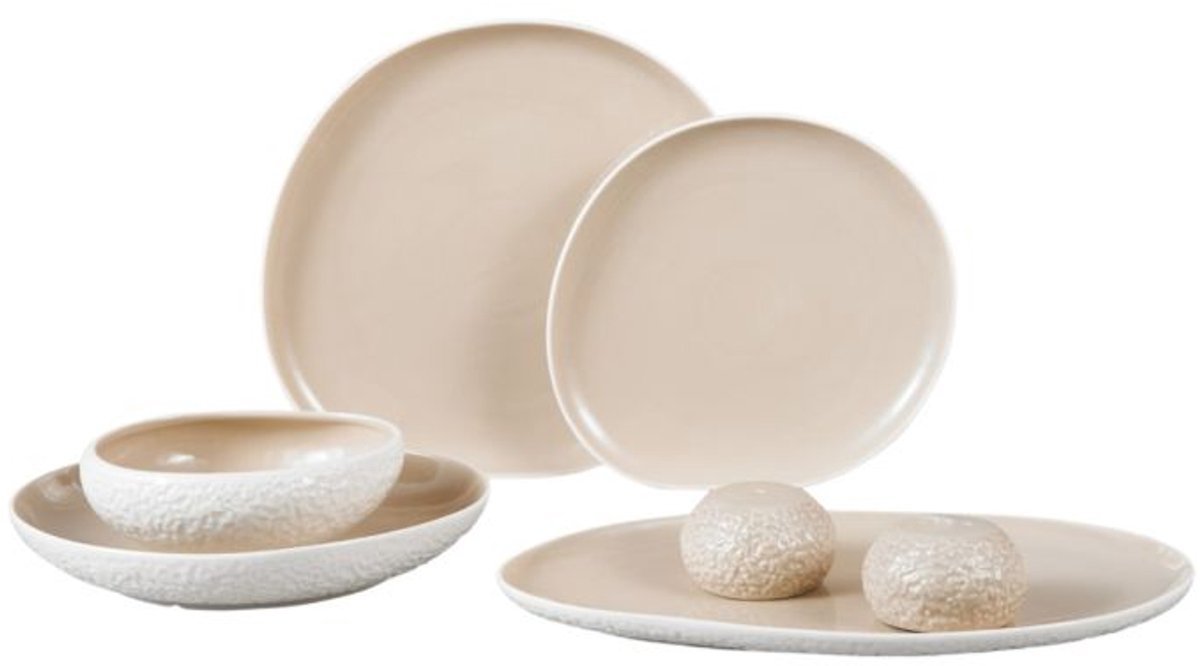 Bricard Barles Stone - Porseleinen Dinner Set - Serviesset - 27-delig - 6-Persoons - Wit/Taupe - Japandi