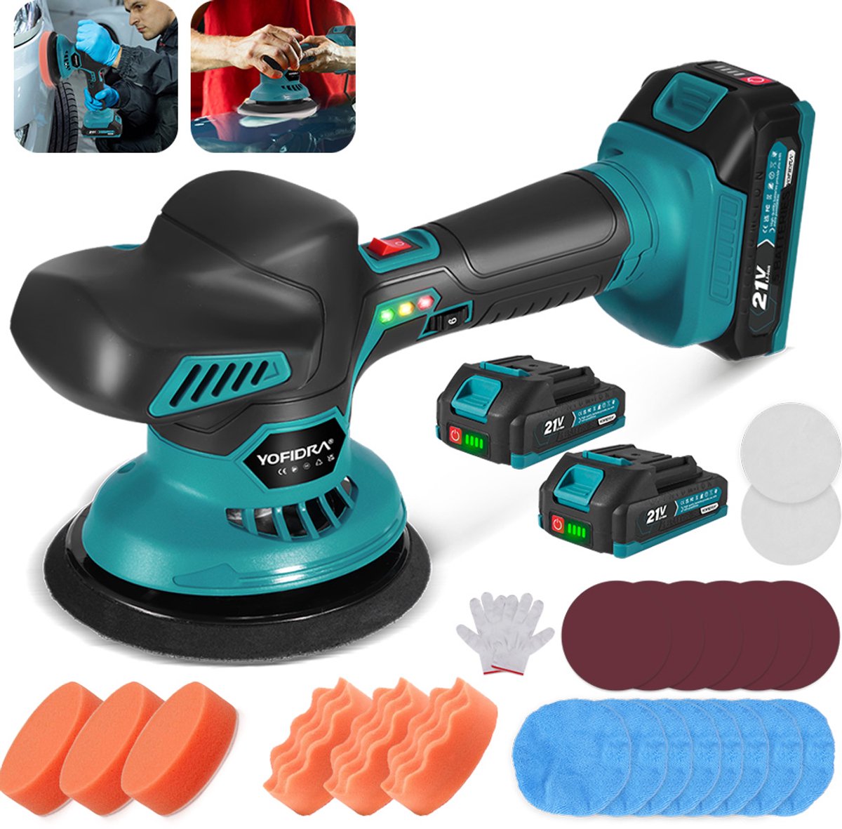 Yofidra Polijstmachine - Poetsmachine Auto - 150 mm Dubbele Actie - 6 Snelheden - met 2x 2.0Ah Accu en Autopoetskit- voor Waxen, Polijsten & Lakherstel