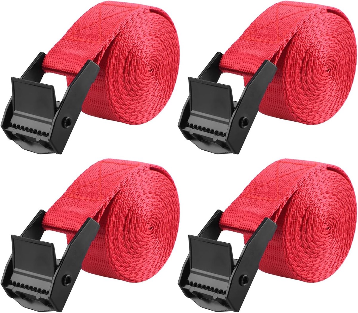 Vastbindende riemen voor nokkengesp, 4 stuks, 5 m x 25 mm zware sjorbanden met snelsluiting, verstelbaar voor vrachtwagen, motorfiets, vracht, aanhangwagen, bagage (rood)