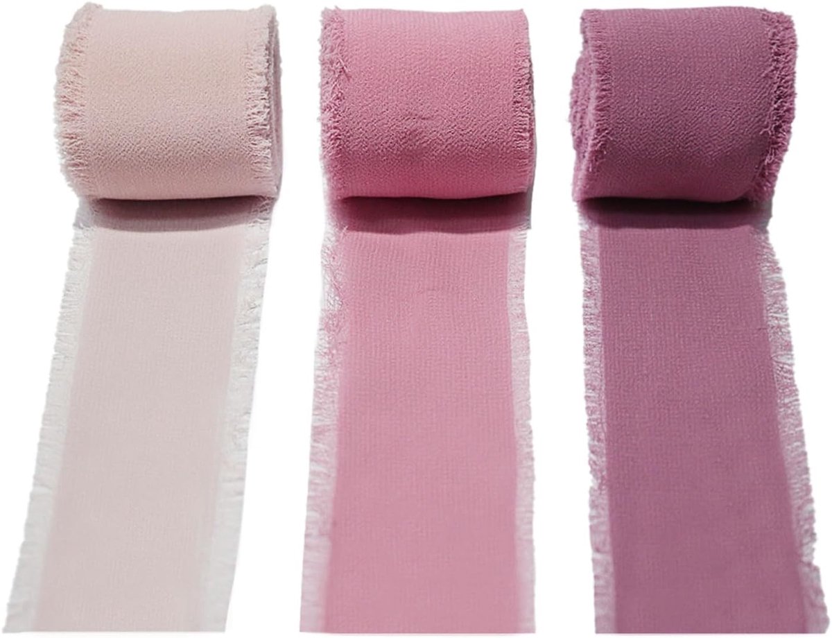 lichtroze, roze, grijs-lavendel 3,8 cm franjechiffonstrook, gemengd franjebandset, chiffon-zijdestrook voor huwelijksuitnodigingen, cadeauverpakking, decoratief band, 3 rollen