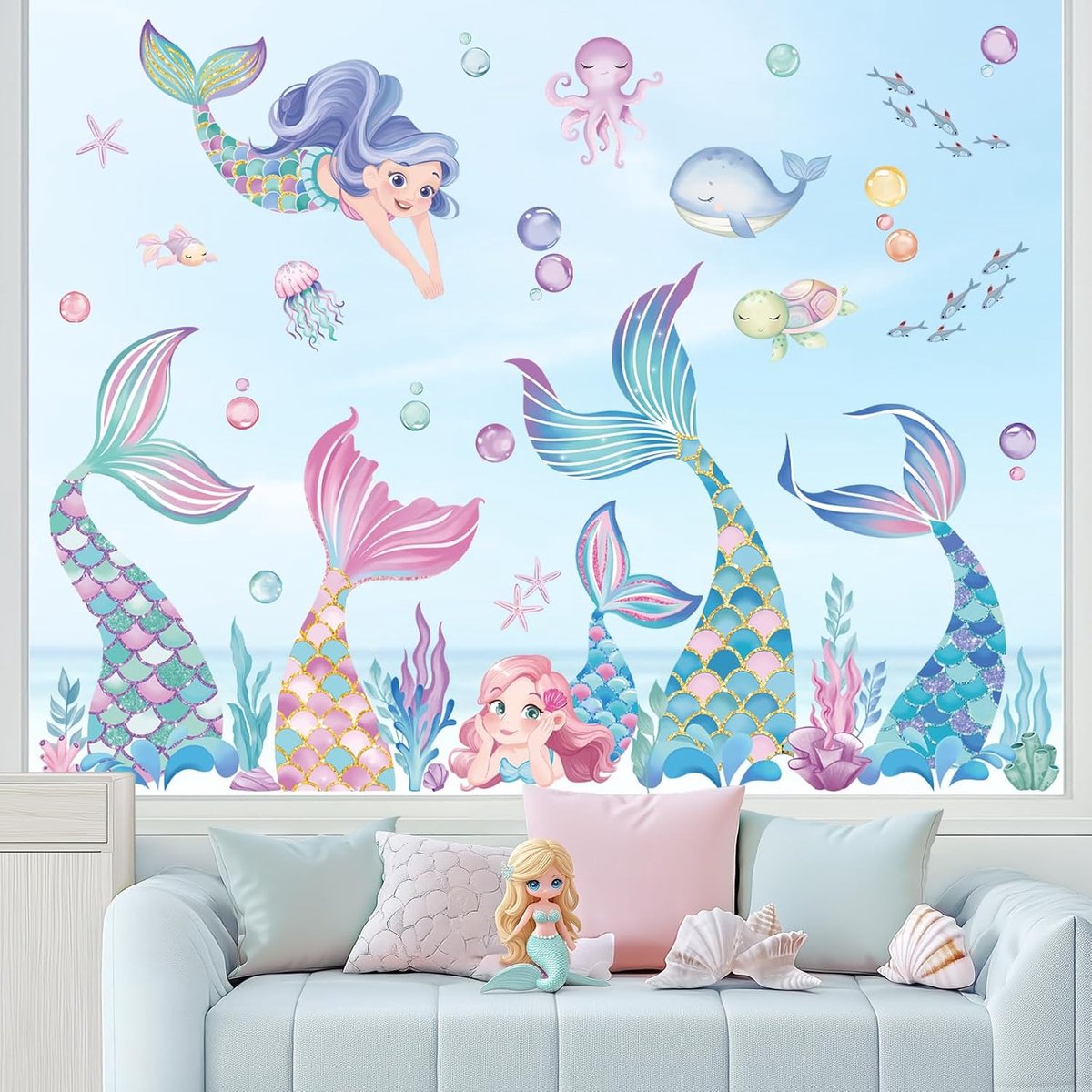 wondever Zeemeermin staart venster klampt zich vast onder de zee zeemeermin bubble oceaan schepsel sticker sticker anti-botsing dubbelzijdige statische raamstickers voor thuis glas venster