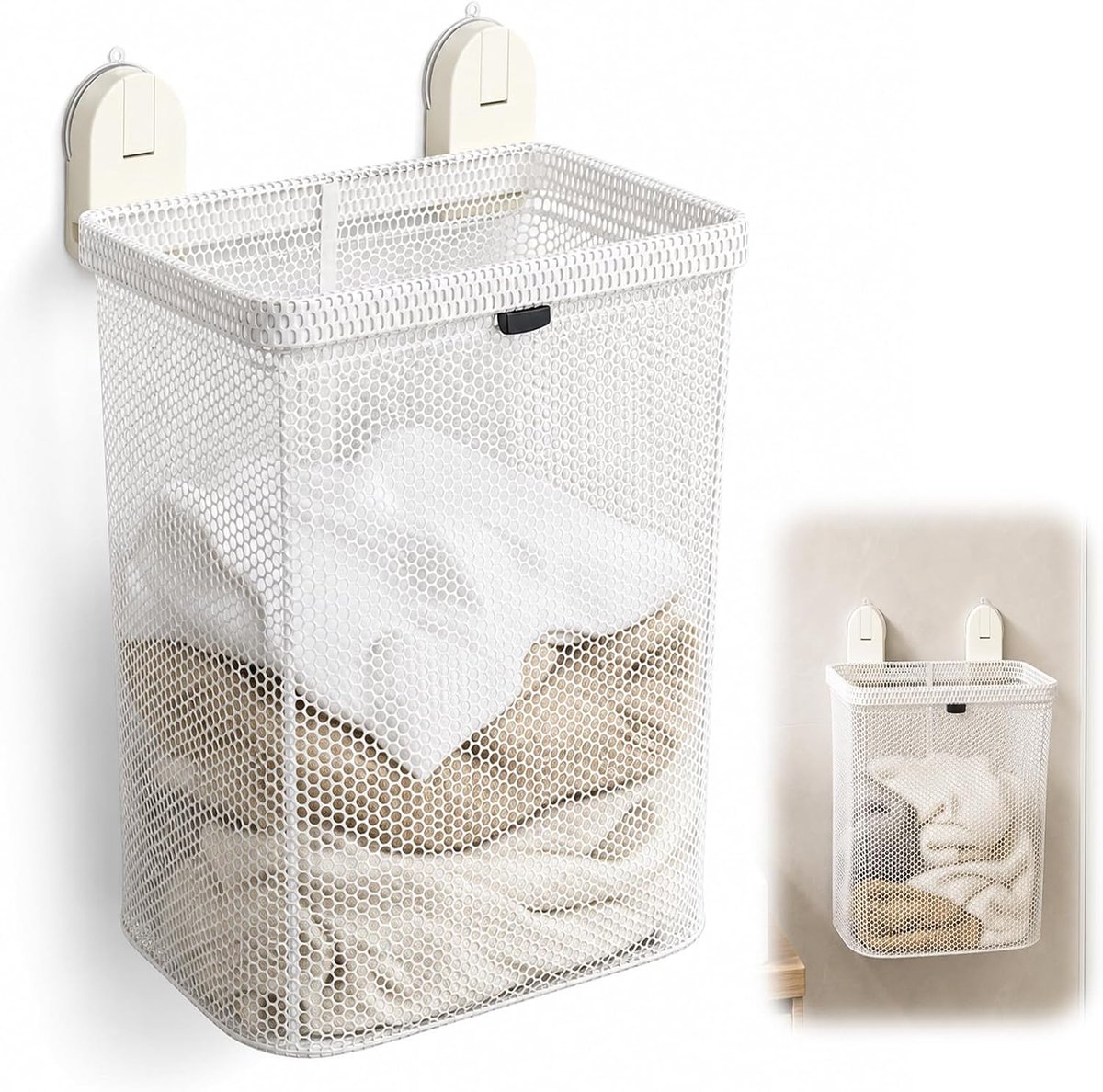 Wasmand om op te hangen, wasmand, zelfklevend, zonder boren, wandophanging met afneembare netzak, opvouwbare wasmand voor badkamer, kleine ruimtes