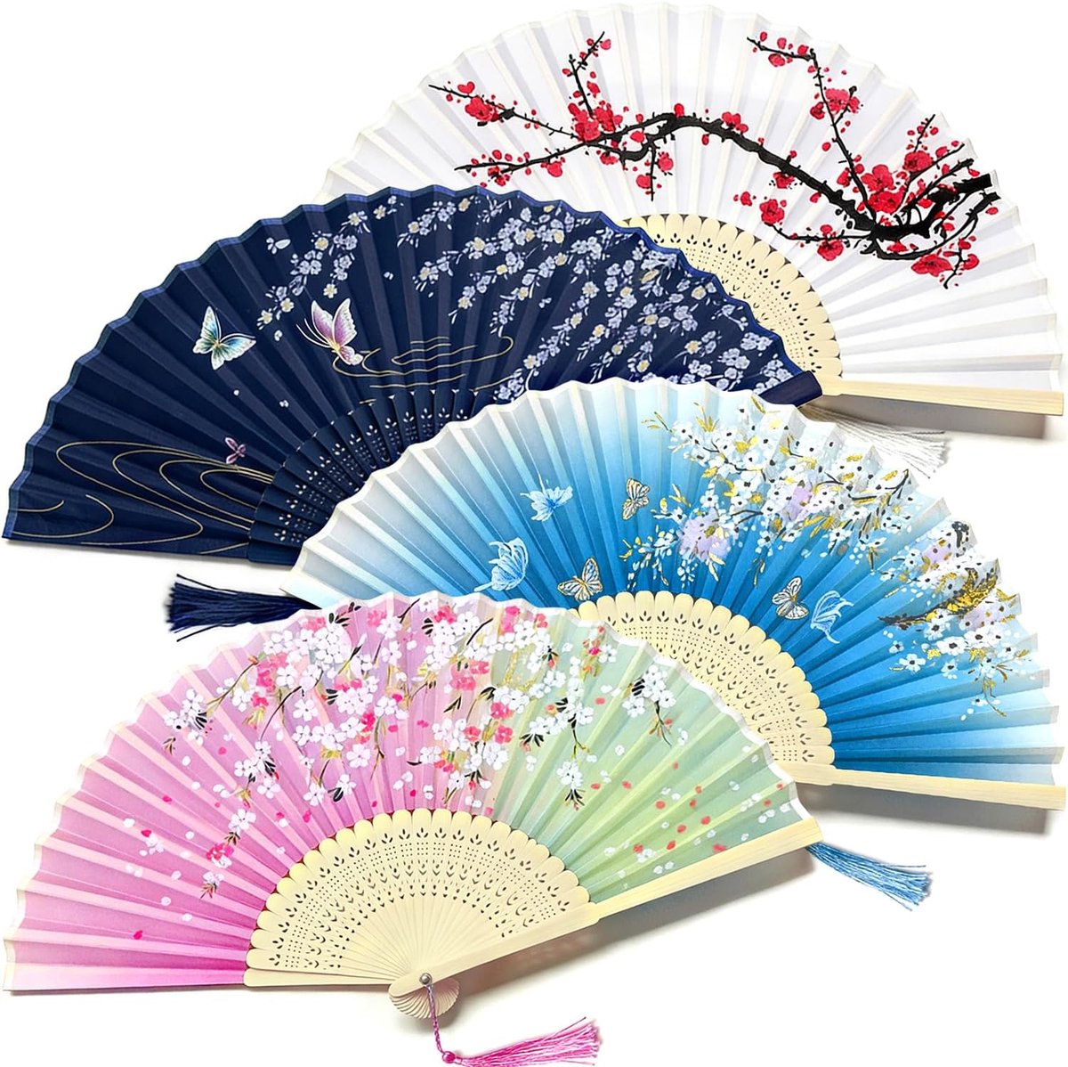 4-delige set vouwwaaier, zijde vouwwaaier, Chinese waaier, draagbare waaier voor bruiloft, verjaardag, optreden, dansen, cosplay en wanddecoratie