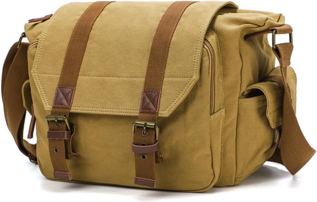 fototas van canvas voor spiegelloze spiegelreflexcamera en laptop 13" Messenger met uitneembare gevoerde tas 34 x 13 x 27 cm #507