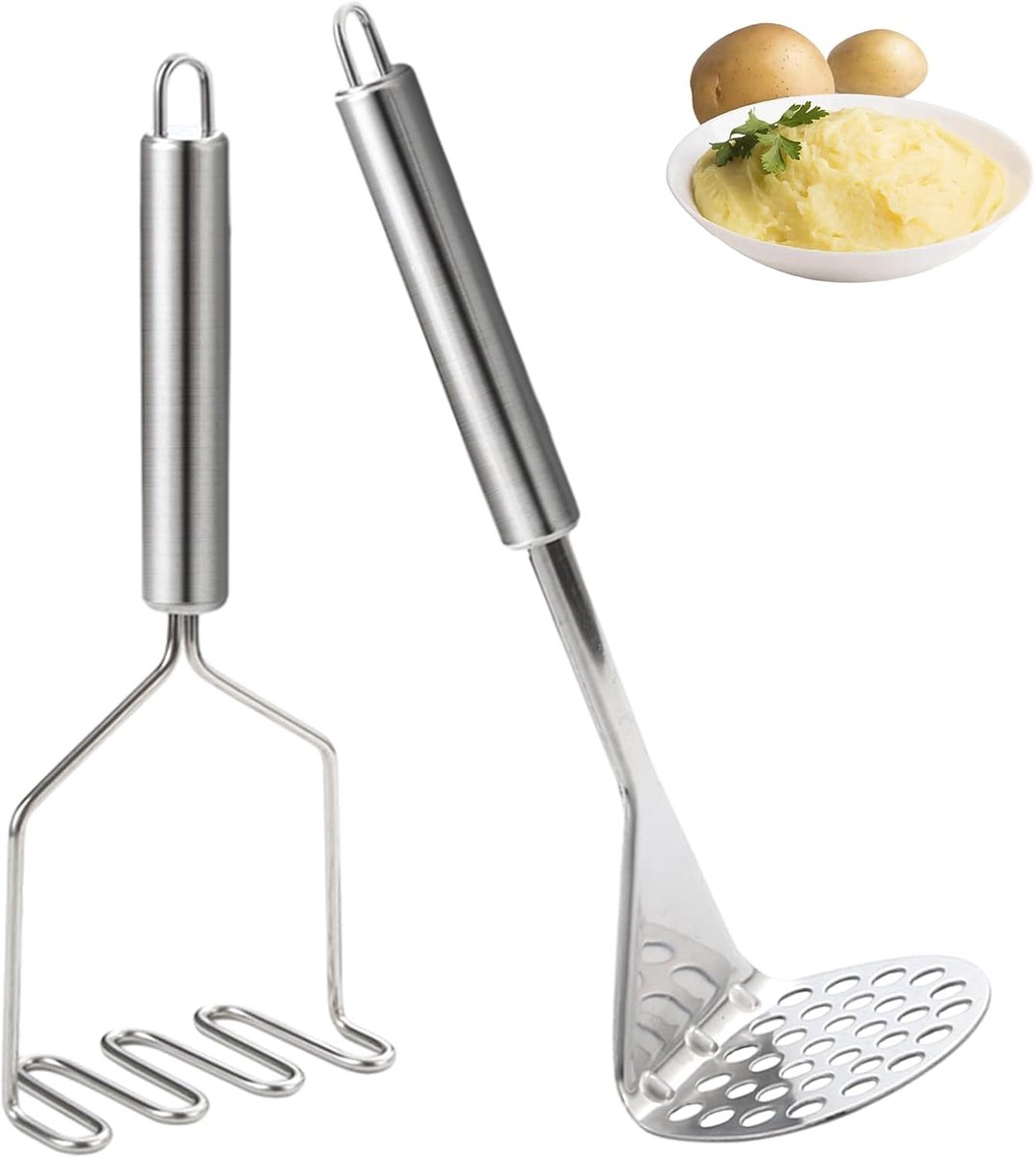 2 Stuks Roestvrijstaal Potato Masher | Keukenstamper voor Aardappelen en Bonen, Vaatwasmachinebestendig
