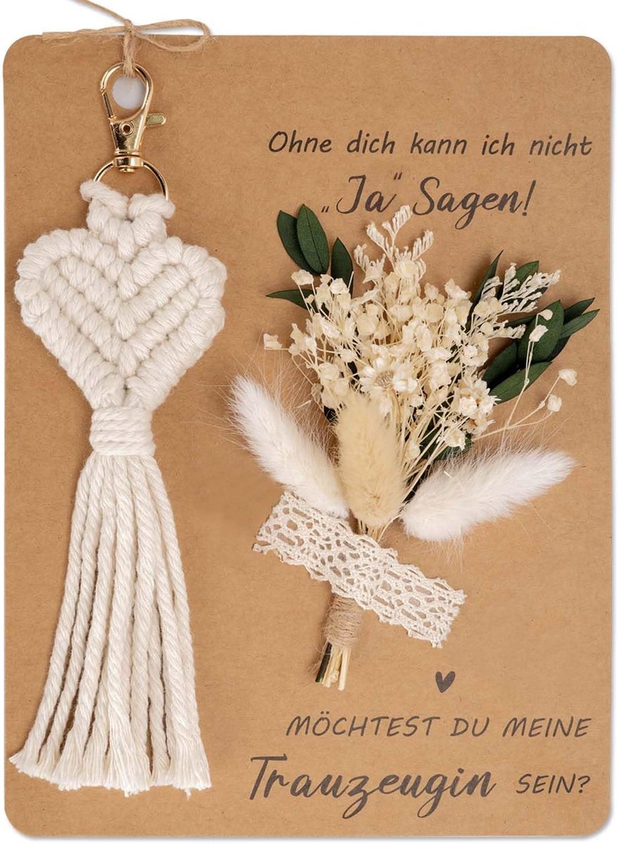vragen cadeau, inclusief Will du My Trauzeugin Sein kaart, boeket droogbloemen en sleutelhanger macramé, gepersonaliseerde geschenken bruidsmeisje, handgemaakt