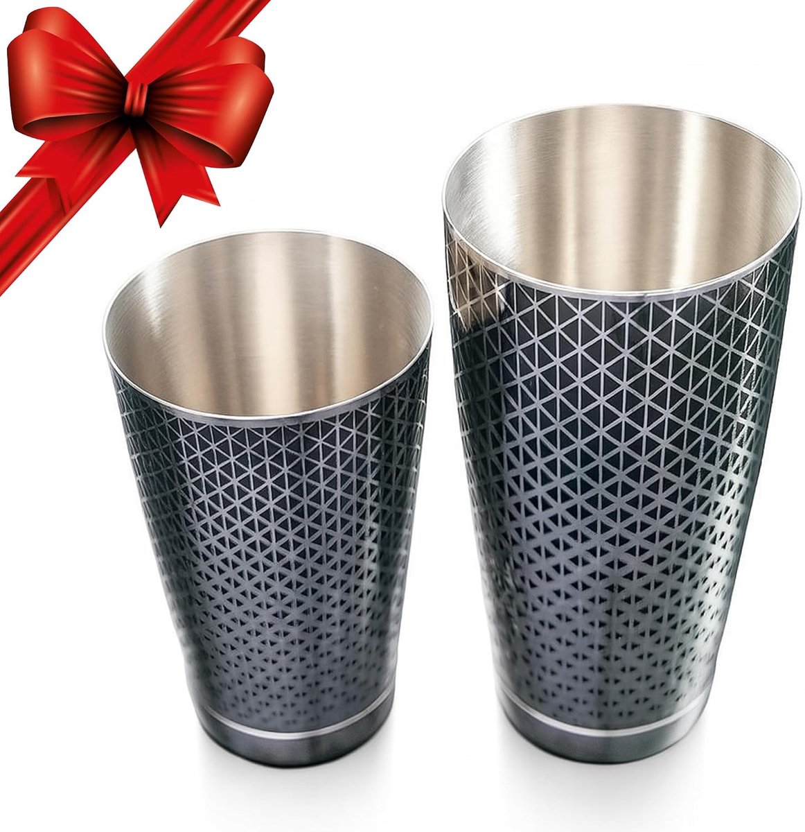 Boston Shaker Set – 304 RVS met Zwart Geometrisch Patroon – 2 Tins 828 ml + 424 ml – Inclusief Houten Cadeaubox – Professionele Cocktailset voor Bartenders