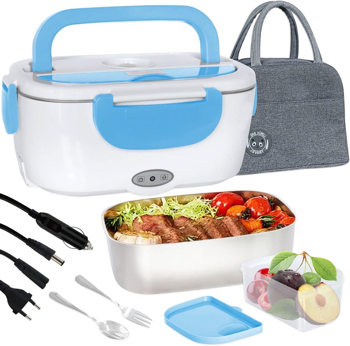 Elektrische lunchbox, voedselverwarmer, 220 V, 12 V, 1,5 l, draagbare elektrische broodtrommel voor huishouden en auto, container van 304 roestvrij staal, blauw