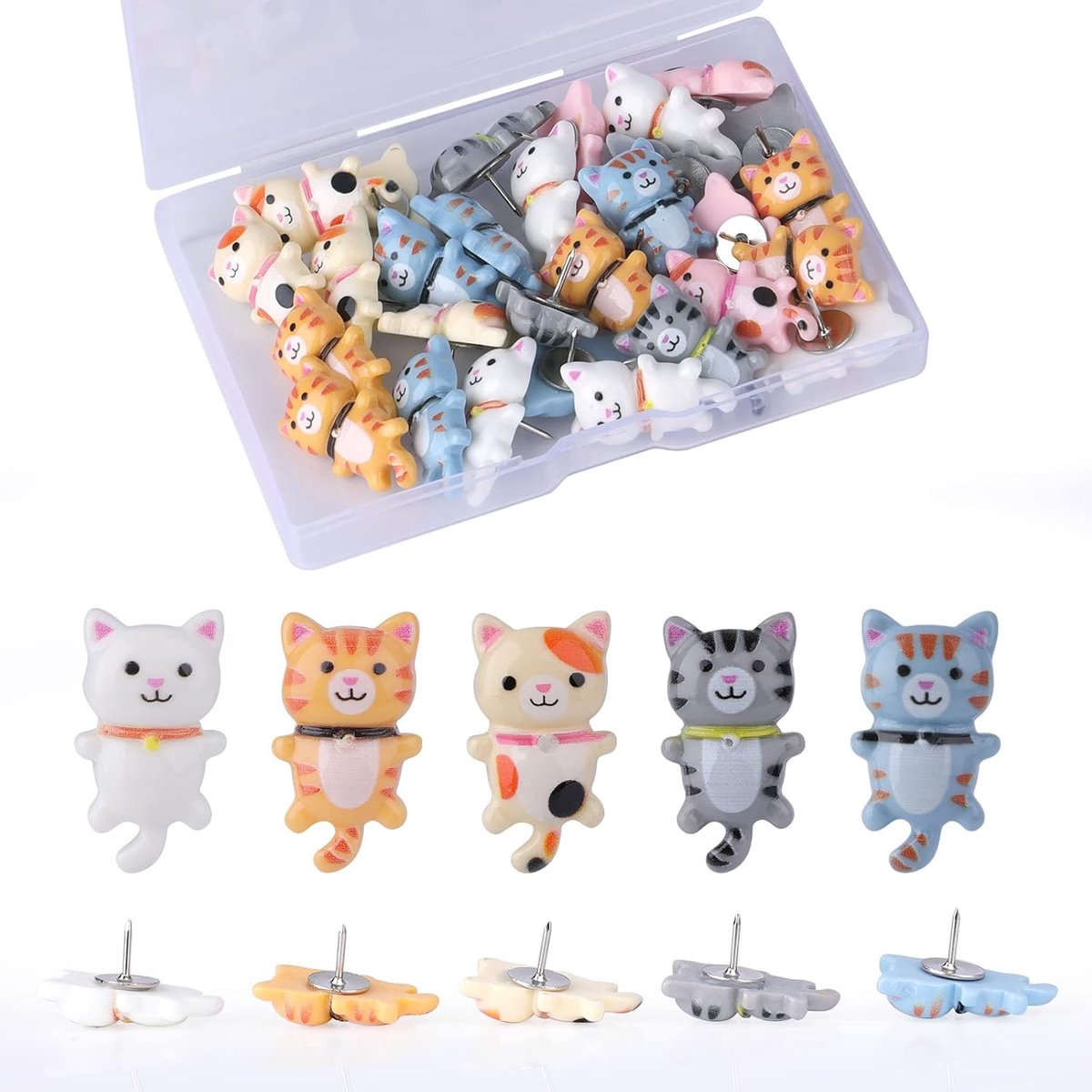 30st Kat Push Pinnen voor Kurk Boord, Schattige Push Pins Set Plastic Pushpins Duimspijkers Dier Decoratieve Punaises voor Bulletin Board Muur Kantoor School Thuisgebruik (6 Kleuren)