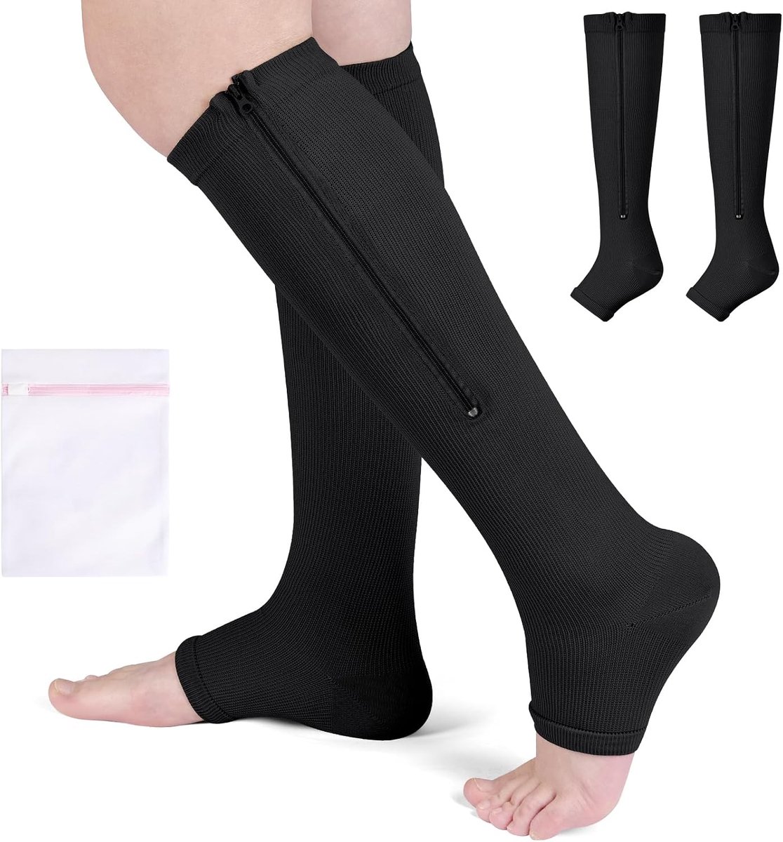 Compressiekousen voor dames en heren, 2 paar afgestudeerde kousen ondersteuning met rits, 15-20 mmHg open teen steunsokken voor spataderen, oedeem, sport, vliegen, verpleegkundigen, reizen