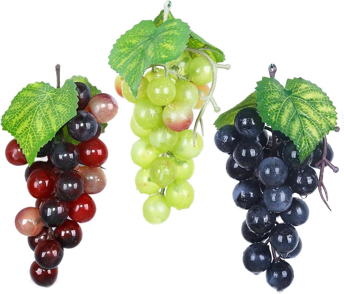 Kunstfruit druiven voor decoratie levensechte nep druif imitatie plastic fruit decoraties voor keuken thuis kerst feest pub tafel mand fotografie prop ornament, 3 stuks gemengd