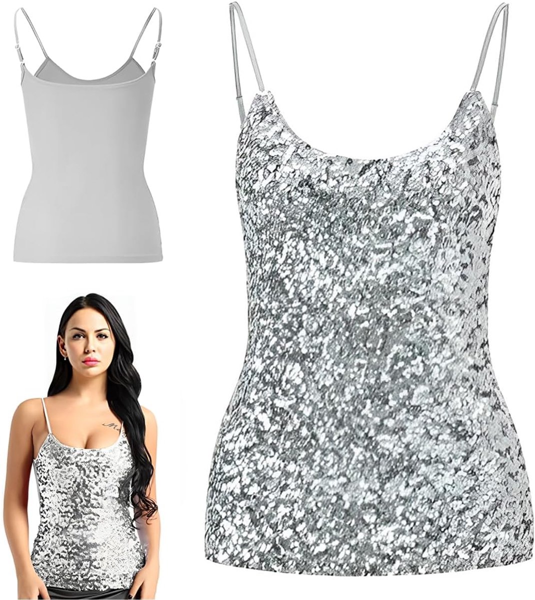 Damestops met pailletten, mouwloos glitterhemdje, verstelbare bandjes, dagelijkse haltertop, blouse, T-shirts voor nachtclub, feest, optredenskostuum