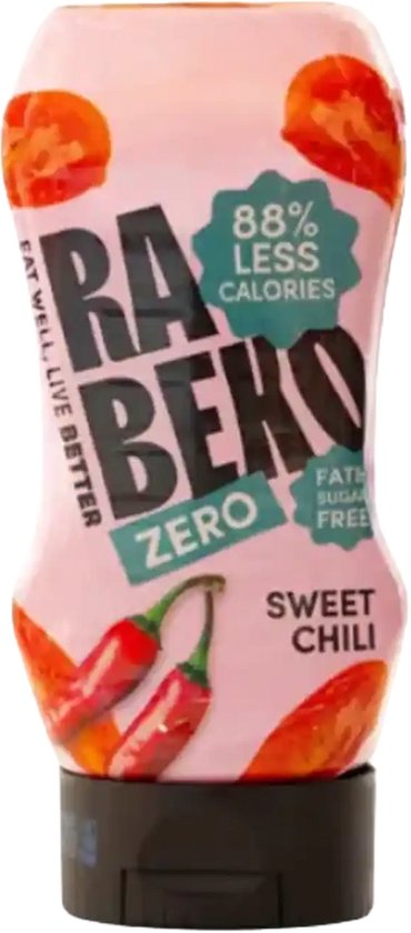 Rabeko Sweet Chili saus in roze fles met tomaten en pepers. 88% minder calorieën, suikervrij.