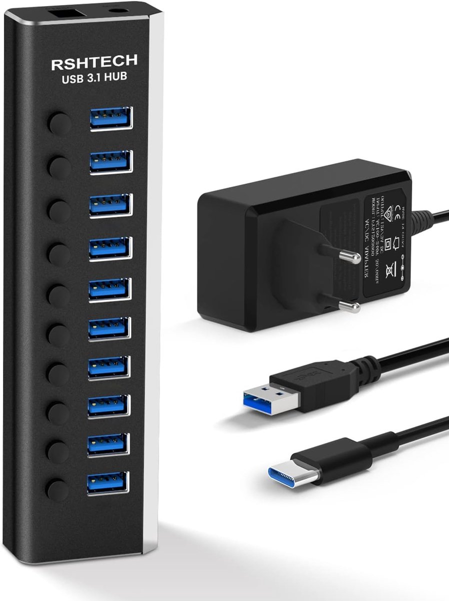 SnelShoppen - USB 3.1 Hub met 10 Poorten, 10Gbps Gegevensoverdracht, Aluminium Multi-Port Splitter met 12V/3A Voeding, Onafhankelijke Schakelaar en Da