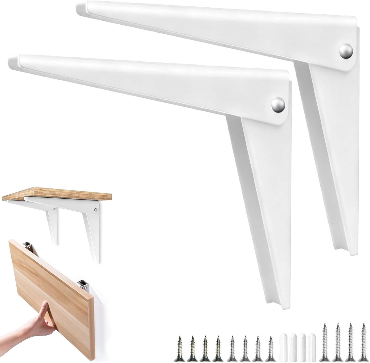 SnelShoppen - Vouwbare Plankensteunen 20cm (2 Stuks) - Sterke Witte Metalen Wandmontage Vouwsteunen met Schroeven - Ruimtebesparende Opvouwbare Steune
