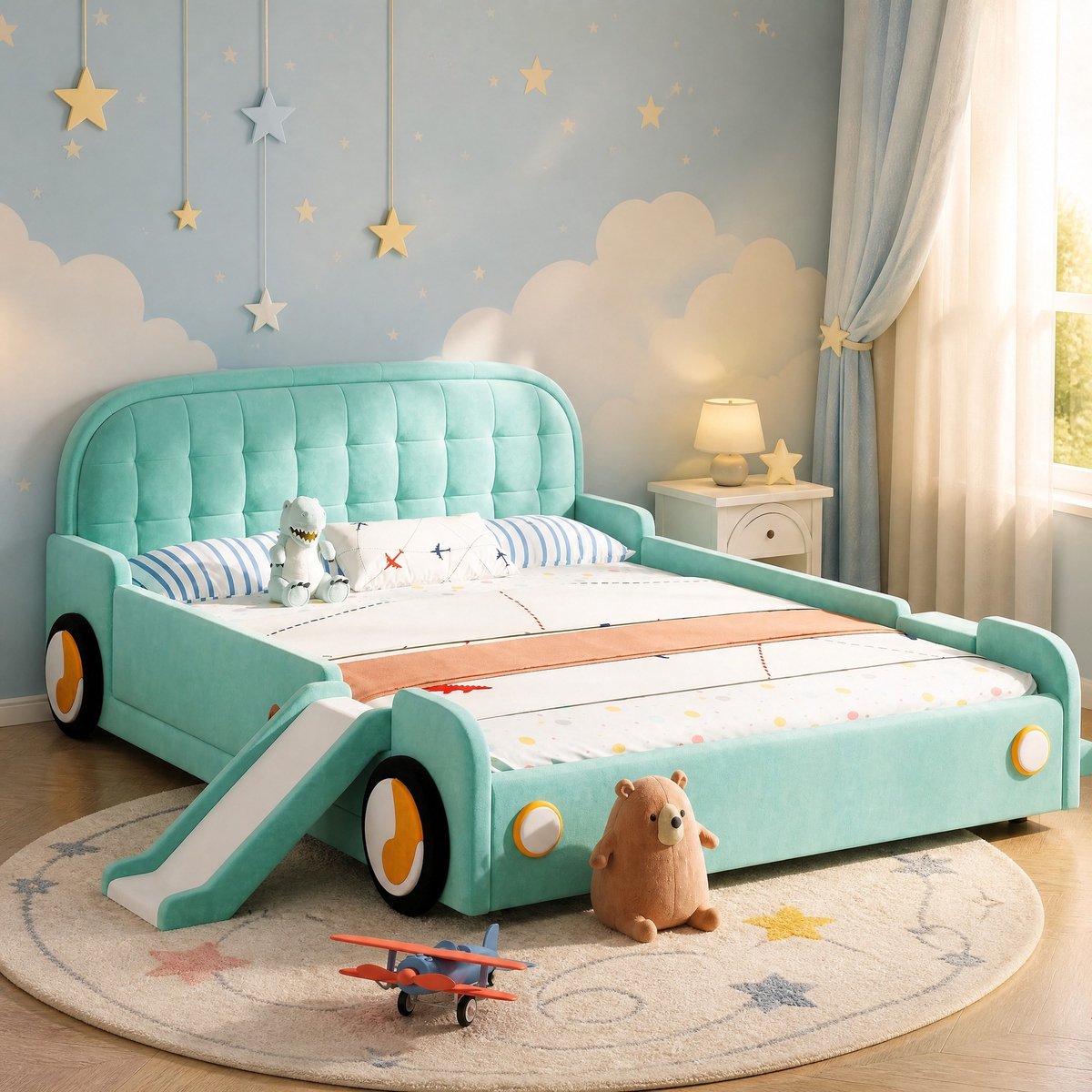 MIVRAY Kinderbed Autobed 140x200 Cm Zonder Matras - Met Glijbaan En Trap - Met Uitvalbeveiliging - Voor Kinderkamer - Stof - Blauwgroen