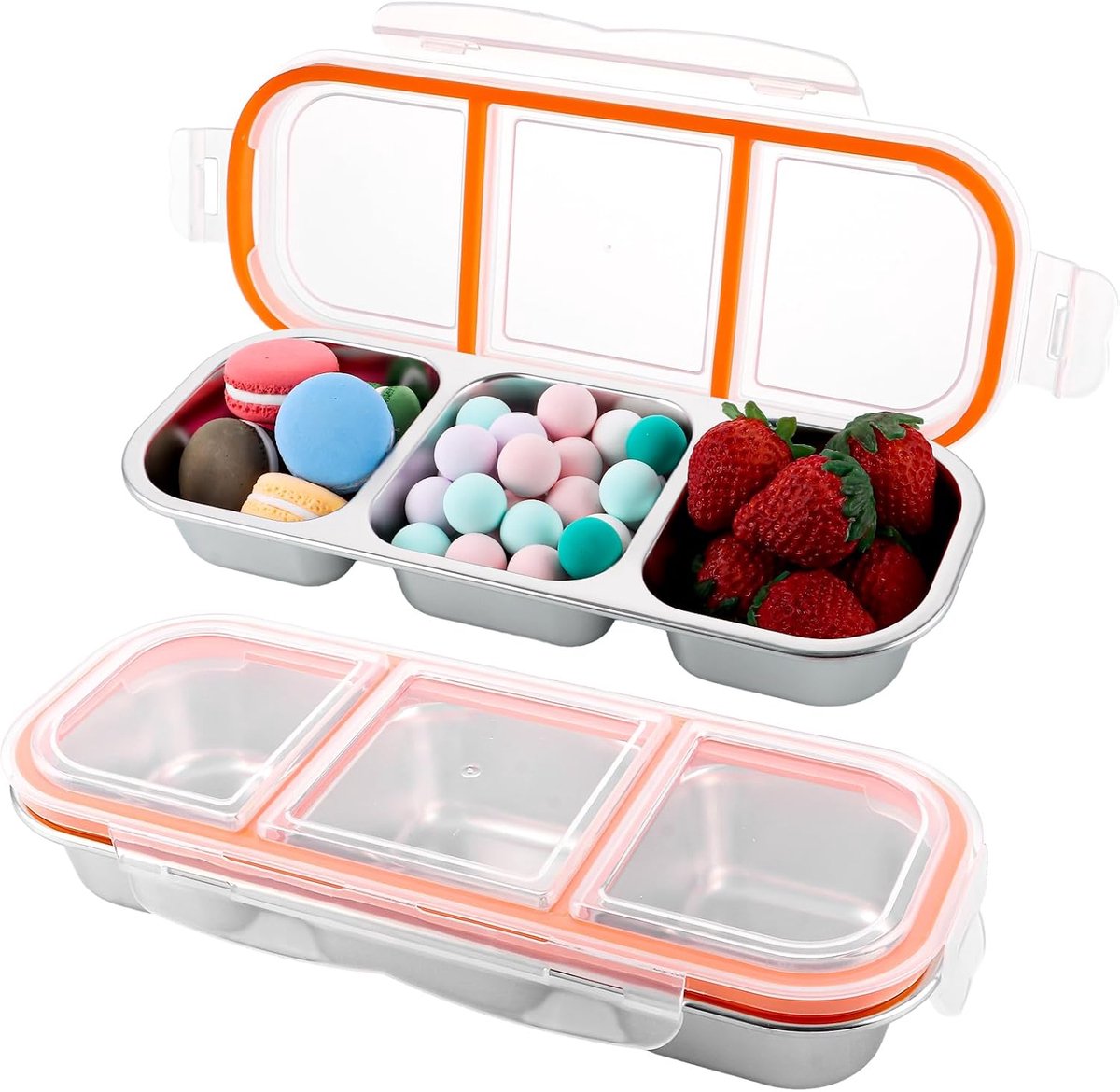 4 stuks snackbox roestvrij staal met 3 vakken, 600 ml Bento Box roestvrij staal, lekvrij, snackbox met vakken, oranje/zilver
