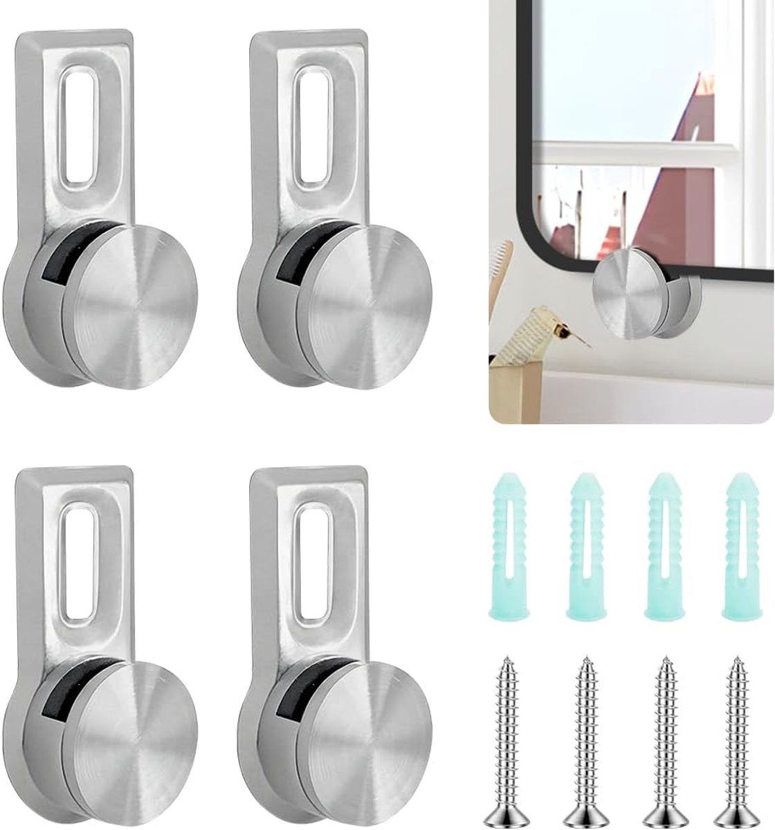 Spiegelhouder voor aan de muur, 4 stuks glasklemmen, zinklegering