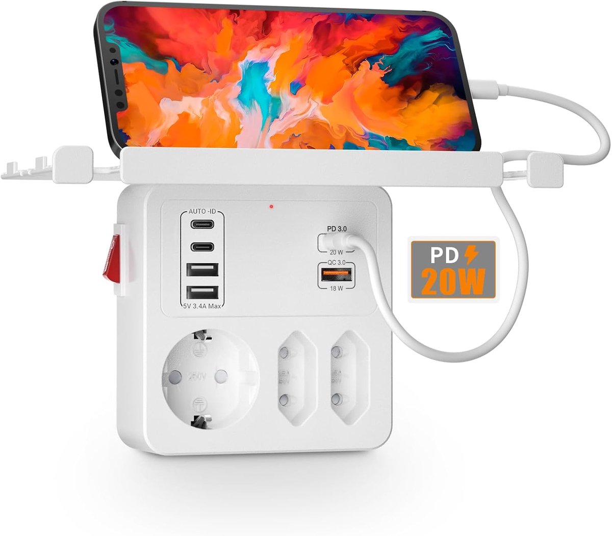 Splitter met Schakelaar,Stekkerdoos USB C PD20W Snel Opladen | 3-Voudige Stekkeradapter Meervoudige Stekker 3 Schuko 6 USB Port,Wand Stekkerblok met Mobiele Telefoonhouder,Multistekker,Wit