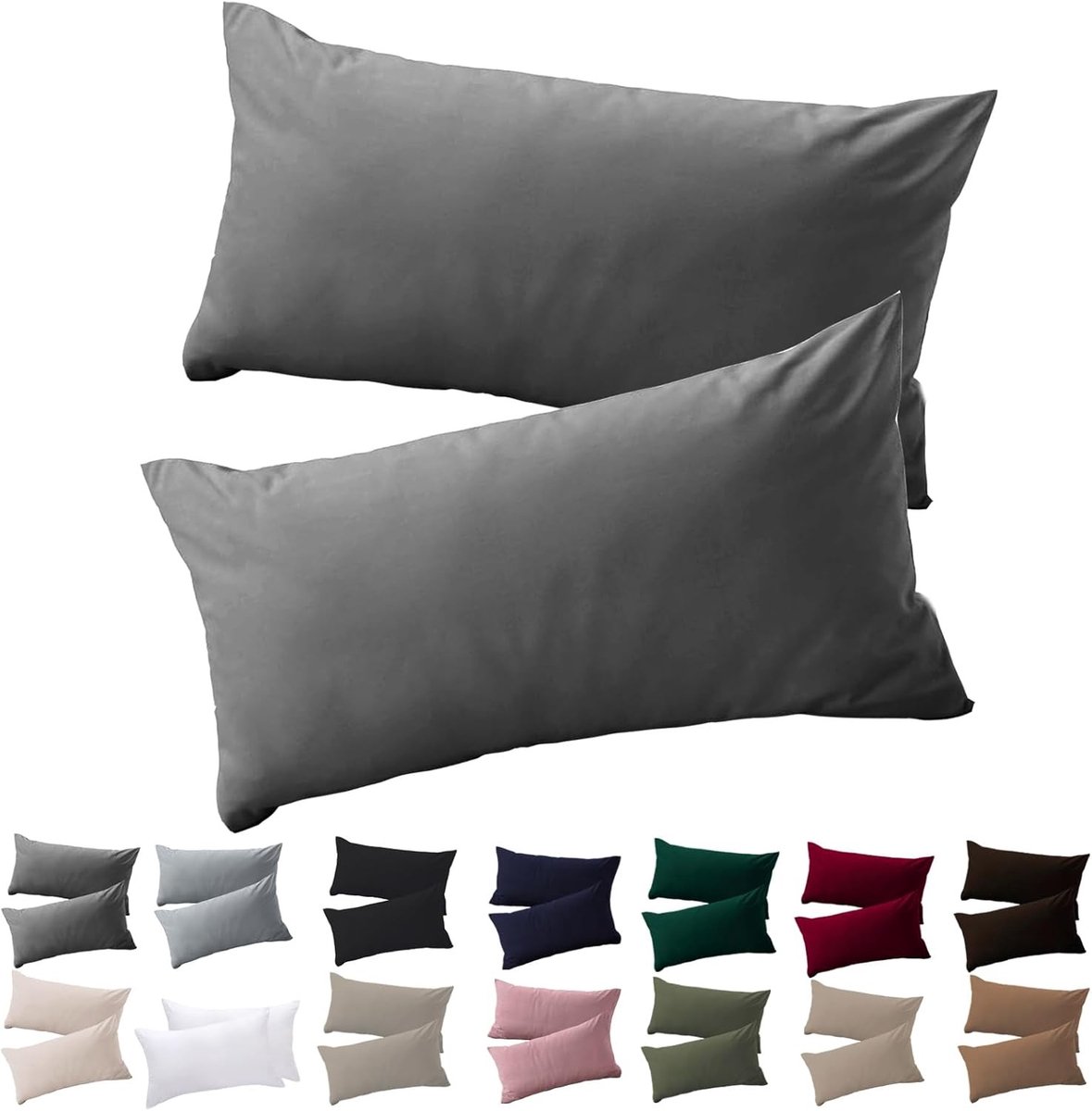 Kussensloop set van 2 stuks 40 x 70 cm, antraciet, hypoallergeen, 100% microvezel met ritssluiting
