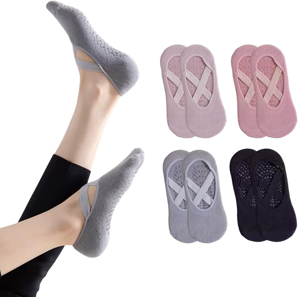 4 Paar Pilates Socken Damen – Yoga Socken mit Riemen Design – Rutschfest durch Silikon-Grip – Für Ballett, Tanz, Fitness – Anti-Rutsch – Größe 36-41 – Atmungsaktiv