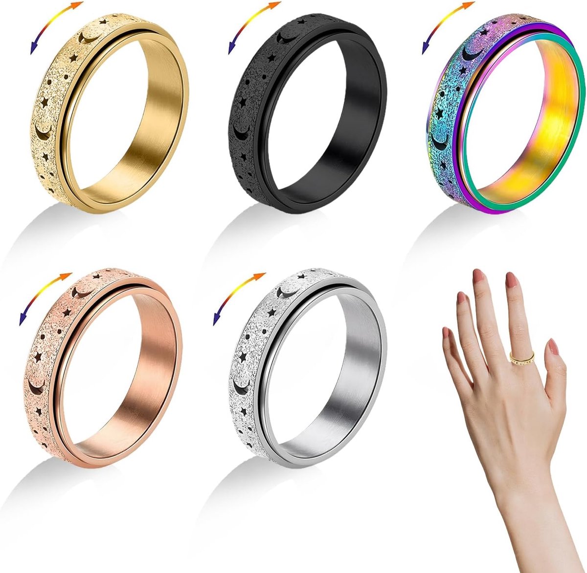 5 stuks anti-stress-ringen, anti-stress-ringen, voor mannen en vrouwen, anti-stress-ringen, angstringen, draaibare ringen, maan- en sterdesign, verlicht stress, gezandstraald, verschillende